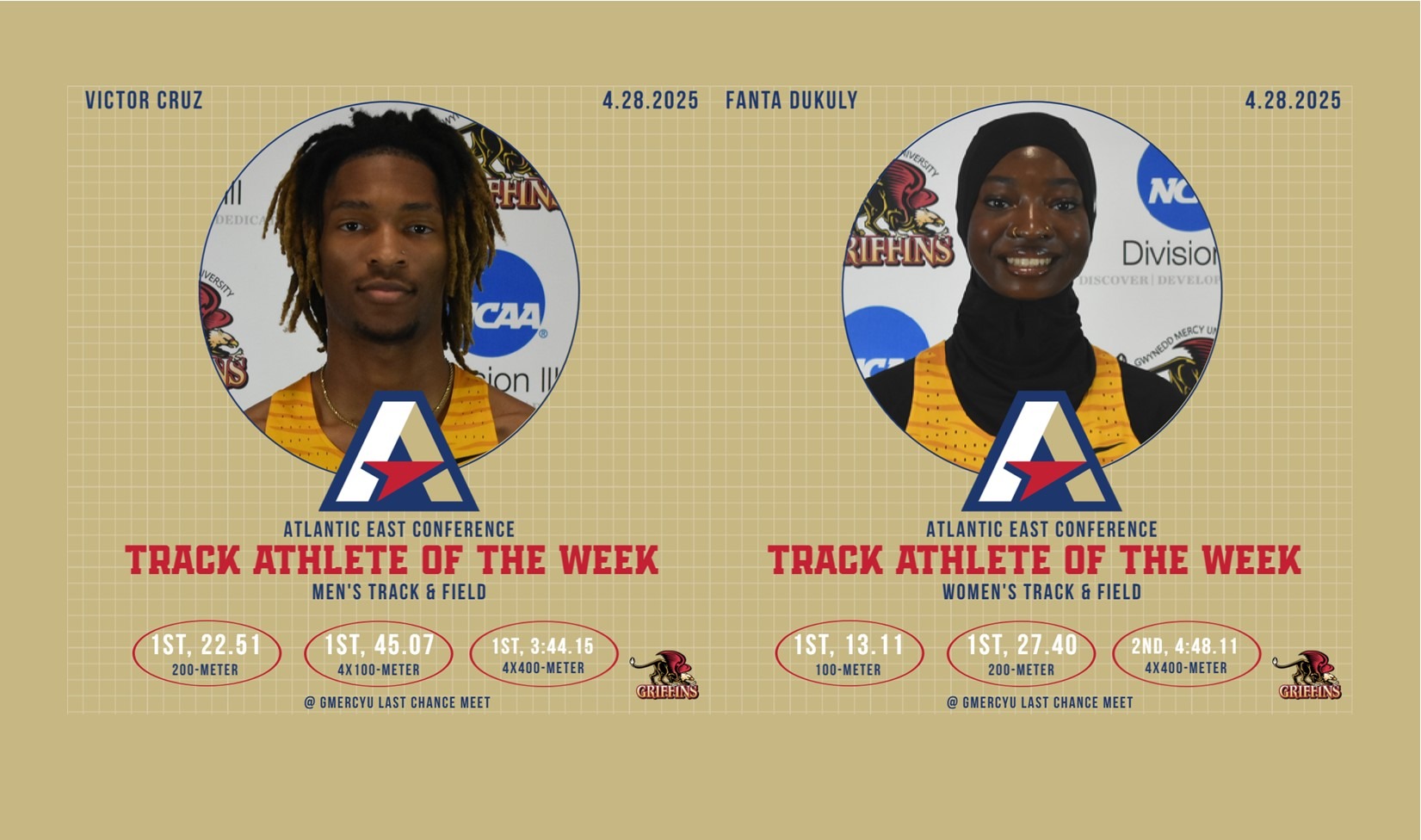 AEC Men's and Women's Track Athletes of the Week (4/28/2025): Victor Cruz, Fanta Dukuly