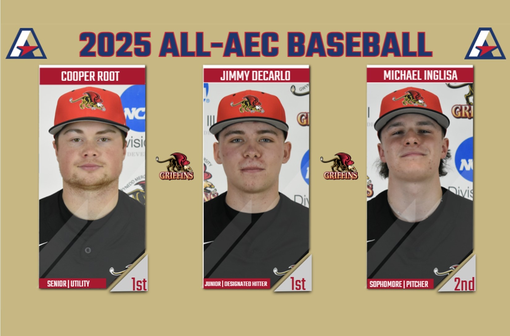 2025 All-AEC Baseball Team: Cooper Root (1st Team), Jimmy DeCarlo (1st Team), Michael Inglisa (2nd Team)