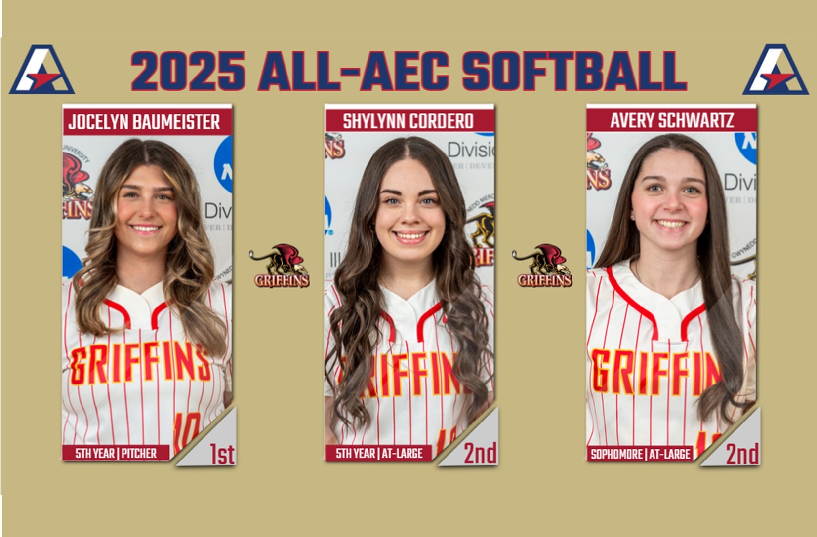 2025 All-AEC Softball: Jocelyn Baumeister (1st Team), Shylynn Cordero (2nd Team), Avery Schwartz (2nd Team)