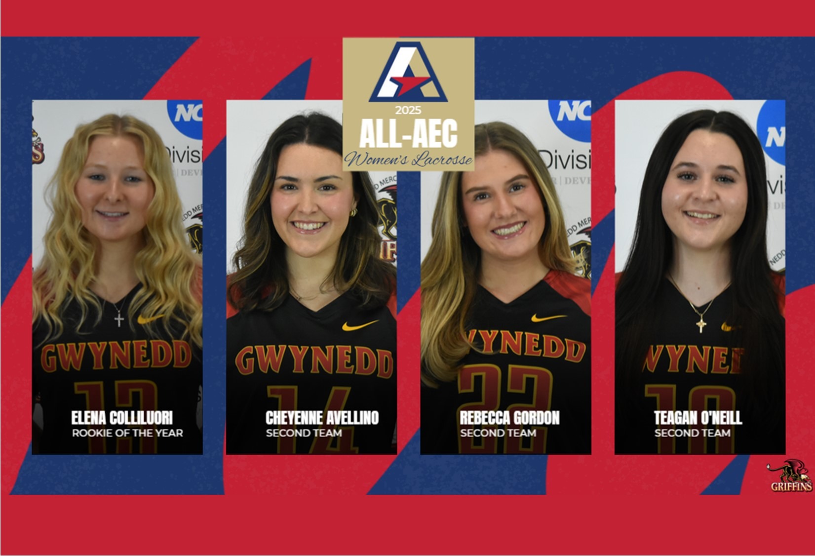 2025 All-AEC Women's Lacrosse Team & Major Award Winners: Elena Colliluori (Rookie of the Year), Cheyenne Avellino (2nd Team), Rebecca Gordon (2nd Team), Teagan O'Neill (2nd Team)