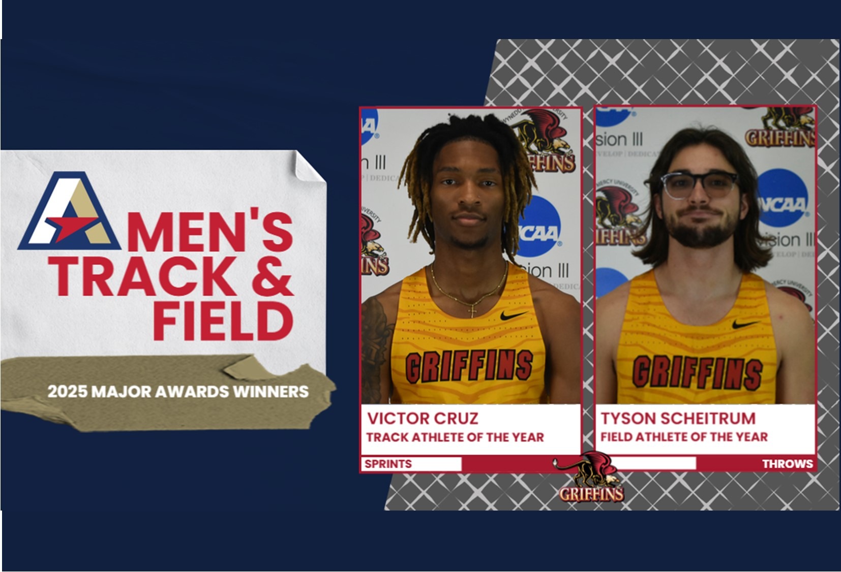 2025 AEC Men's Track and Field Major Award Winners: Victor Cruz (Track Athlete of the Year), Tyson Scheitrum (Field Athlete of the Year)