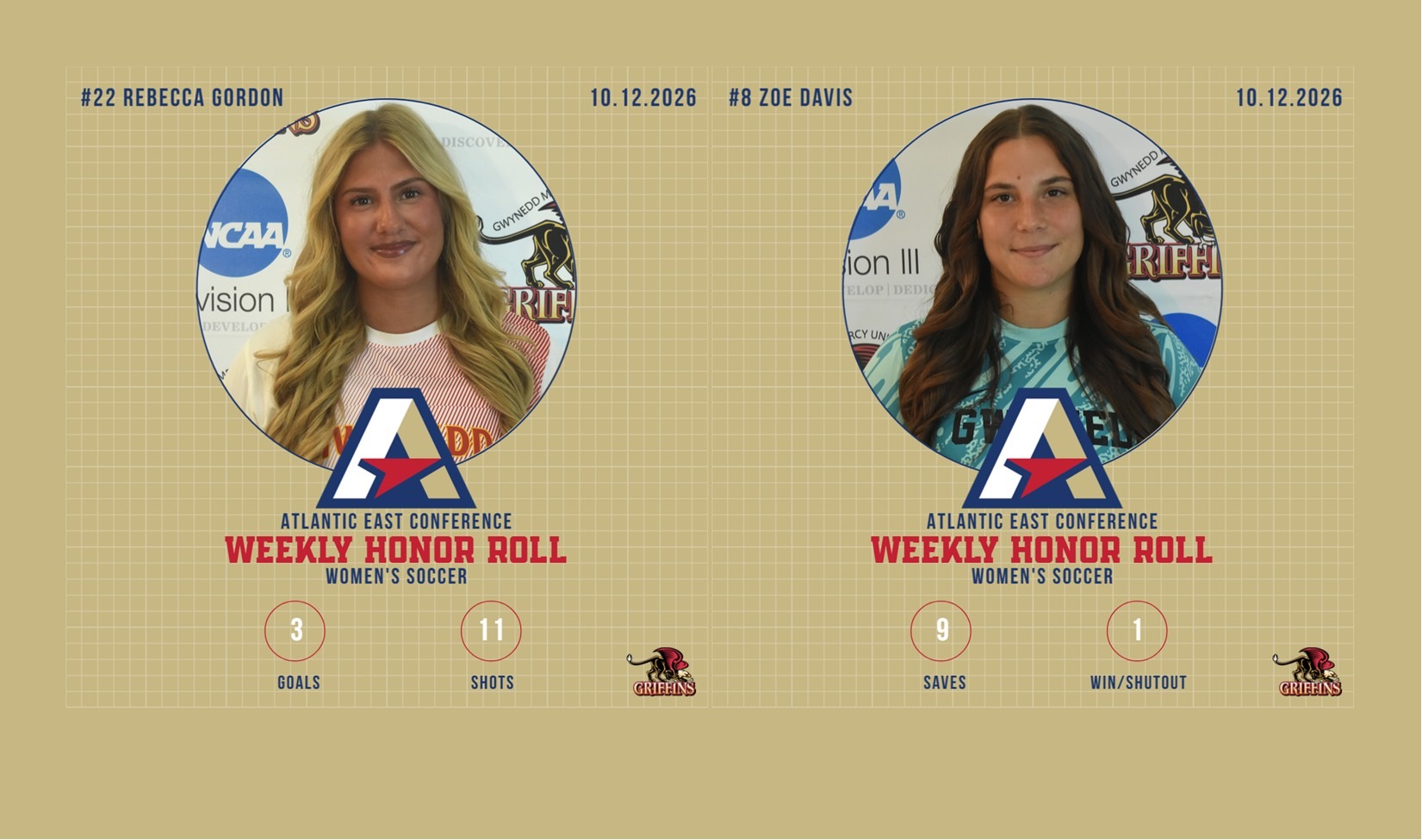 Atlantic East Conference (AEC) Women's Soccer Weekly Honor Roll (10/12/2026): Rebecca Gordon, Zoe Davis