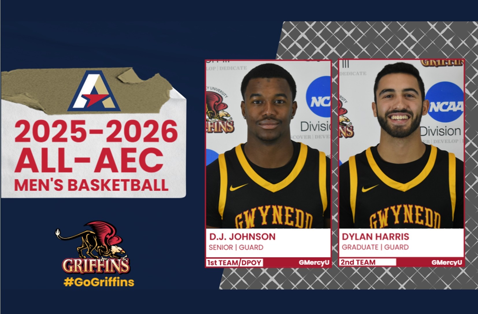 2025-2026 All-AEC Men's Basketball Team: D.J. Johnson (1st Team, Defensive Player of the Year), Dylan Harris (2nd Team)