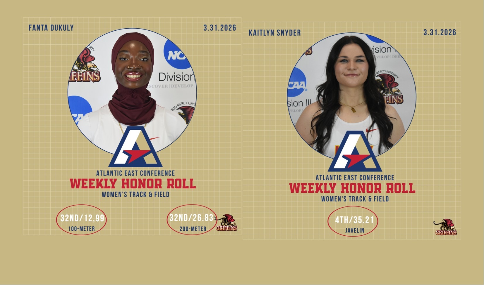 AEC Women's Track and Field Weekly Honor Roll (3/30/2026): Fanta Dukuly, Kaitlyn Snyder