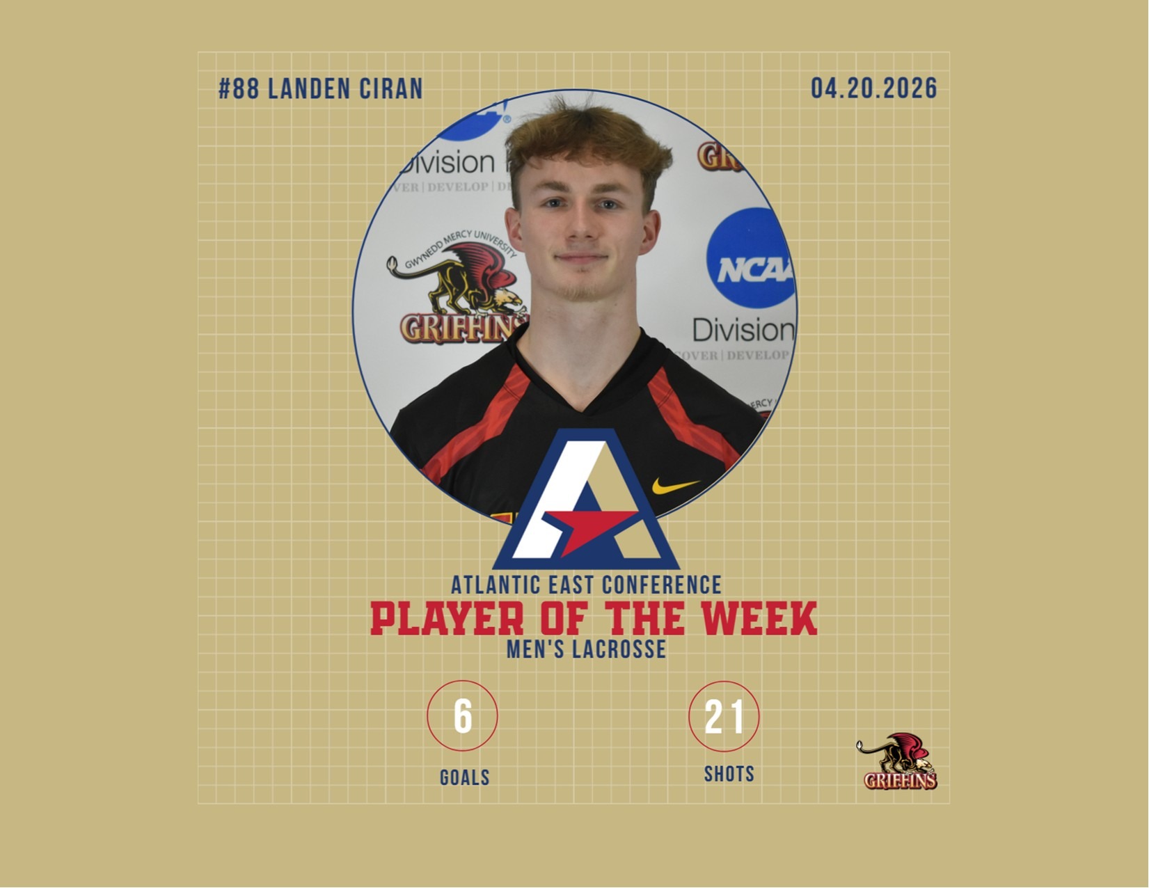 AEC Men's Lacrosse Player of the Week (4/20/2026): Landen Ciran