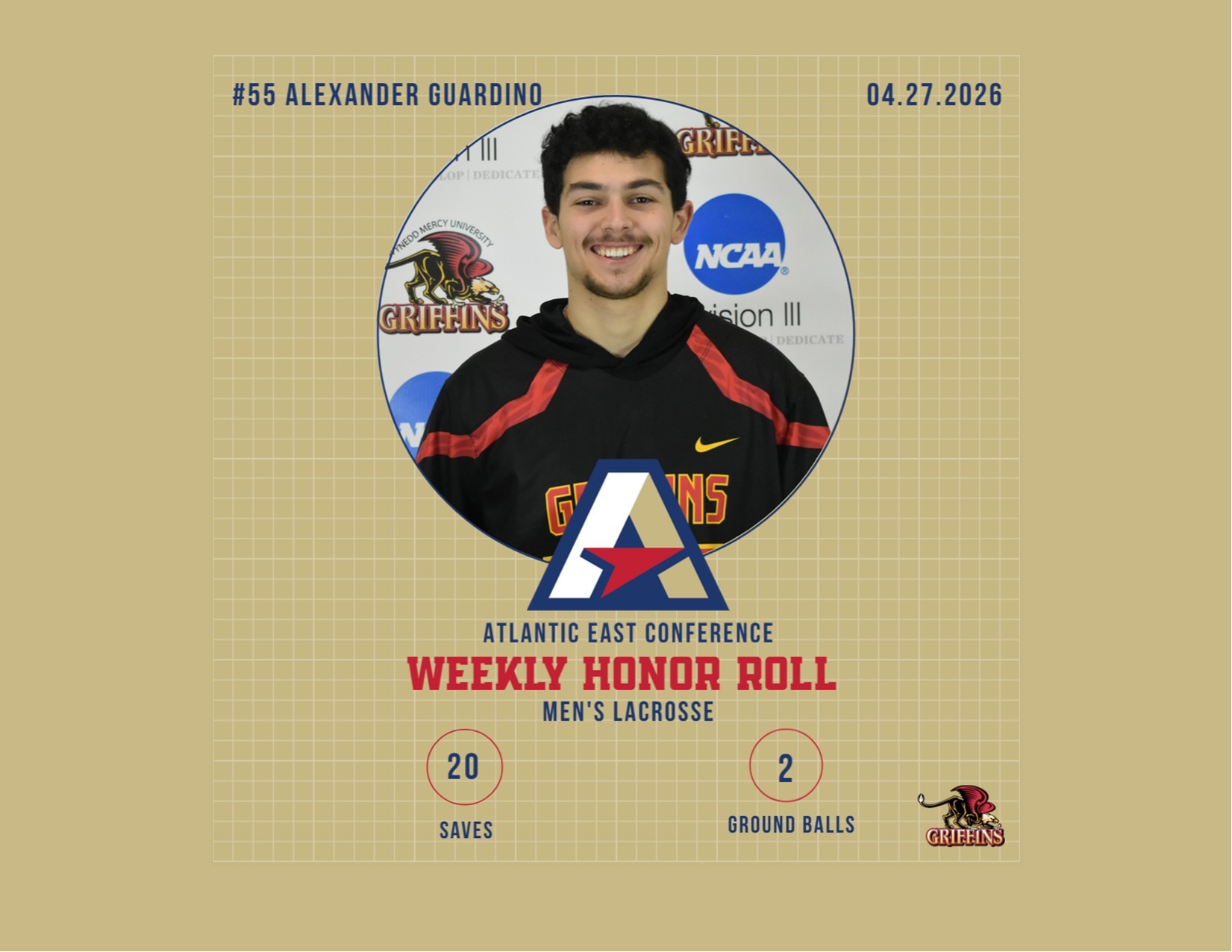 AEC Men's Lacrosse Weekly Honor Roll (4/27/2026): Alexander Guardino