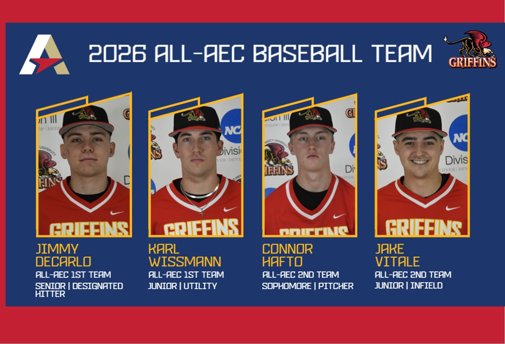 2026 All-AEC Baseball Team: Jimmy DeCarlo (1st Team, Designated Hitter), Karl Wissmann (1st Team, Utility), Connor Hafto (2nd Team, Pitcher), Jake Vitale (2nd Team, Infield)