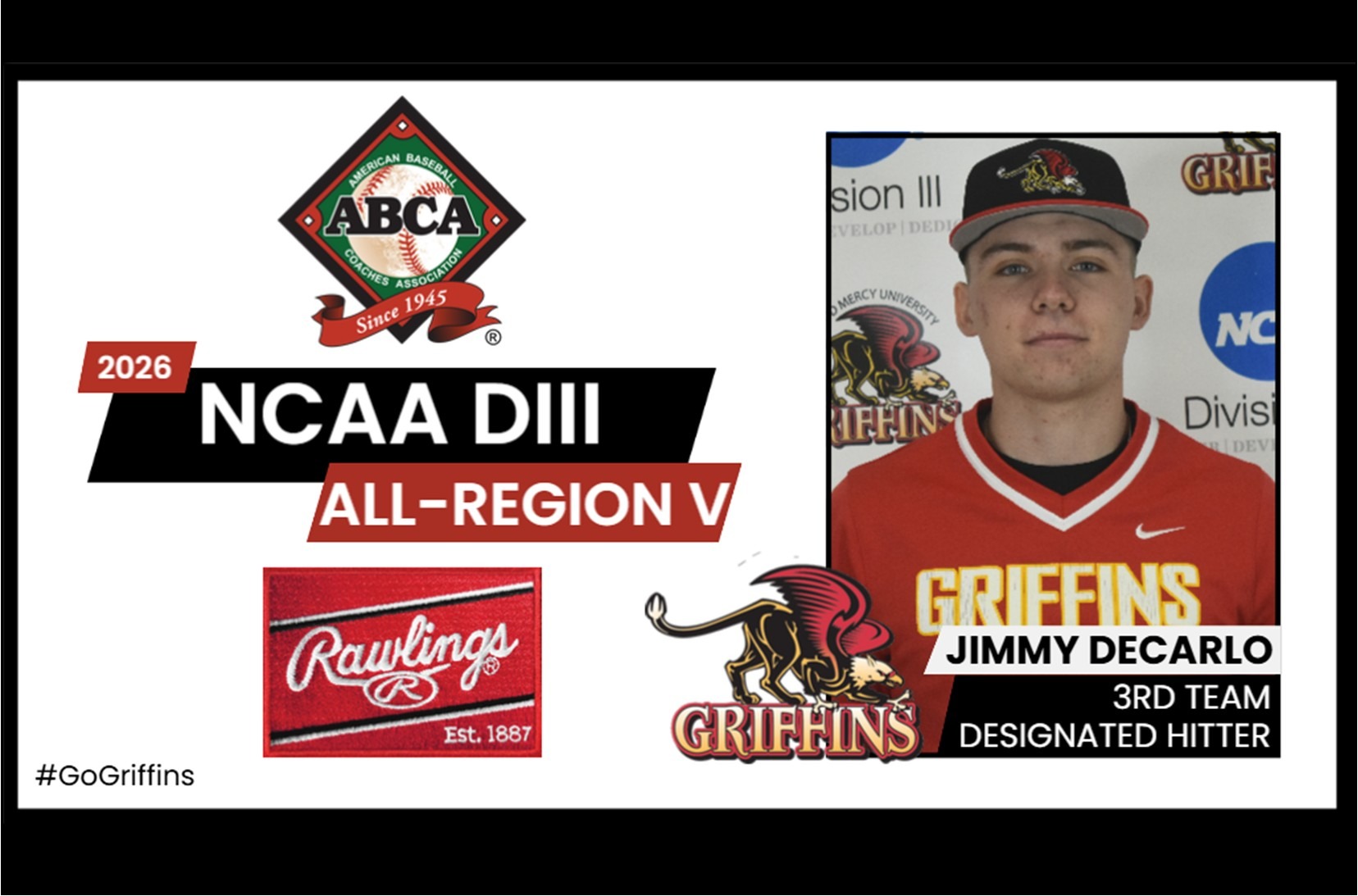 2026 ABCA/Rawlings NCAA DIII All-Region V Third Team: Jimmy DeCarlo (Designated Hitter)
