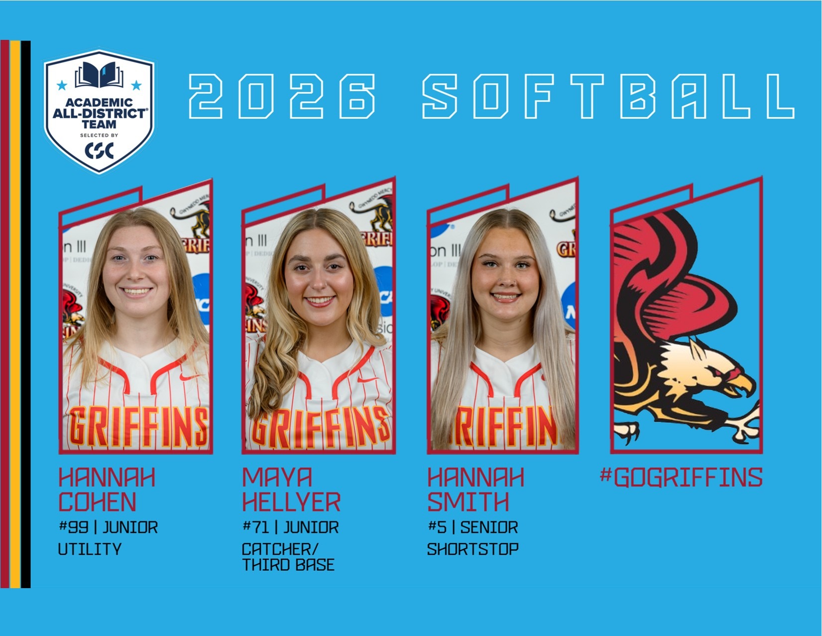 2026 CSC NCAA DIII Academic All-District: Hannah Cohen, Maya Hellyer, Hannah Smith