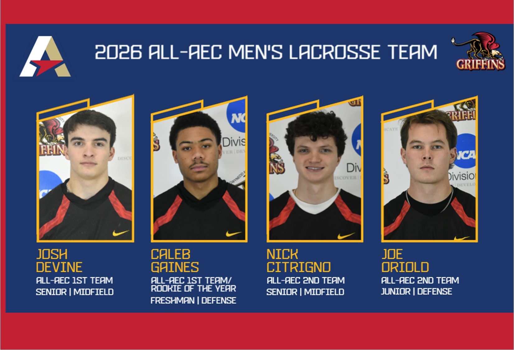 2026 All-AEC Men's Lacrosse Team: Josh Devine (1st Team), Caleb Gaines (1st Team/ROY), Nick Citrigno (2nd Team), Joe Oriold (2nd Team)
