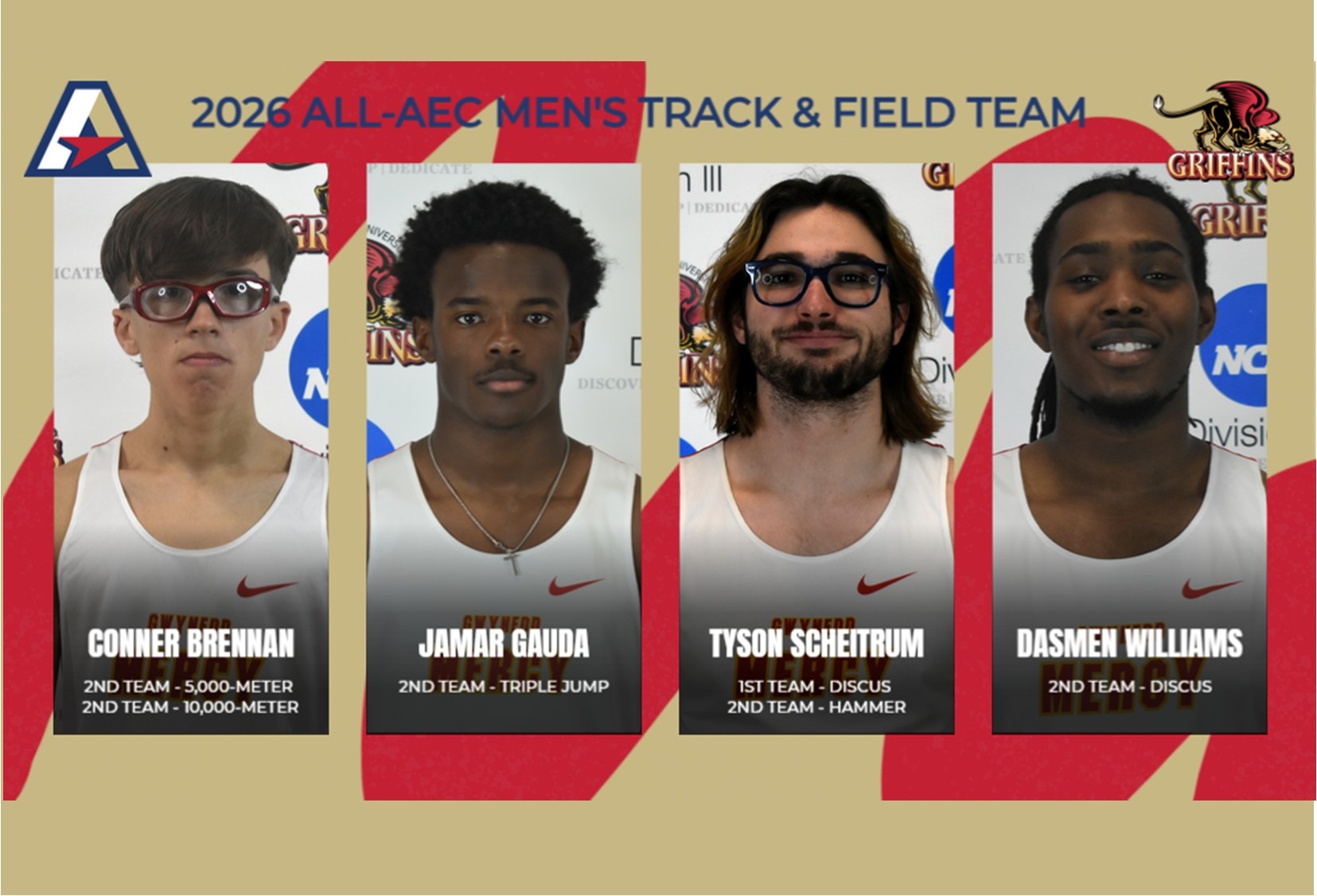 2026 All-AEC Men's Track & Field: Conner Brennan (2nd Team - 5,000-Meter, 2nd Team - 10,000-Meter), Jamar Gauda (2nd Team - Triple Jump), Tyson Scheitrum (1st Team - Discus, 2nd Team - Hammer), Dasmen Williams (2nd Team - Discus)