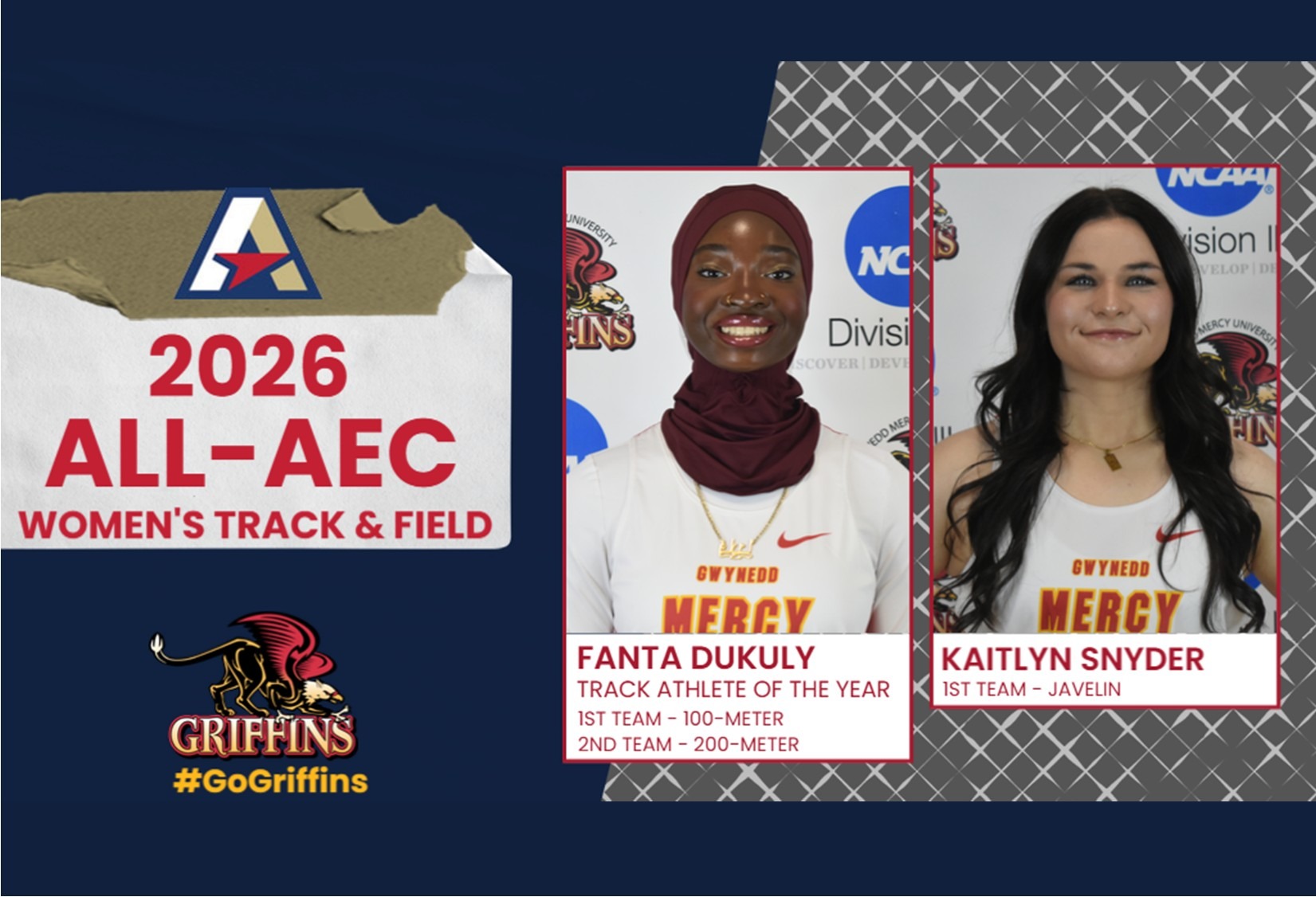 2026 All-AEC Women's Track and Field: Fanta Dukuly (1st Team - 100-Meter, 2nd Team - 200-Meter, Track Athlete of the Year), Kaitlyn Snyder (1st Team - Javelin)