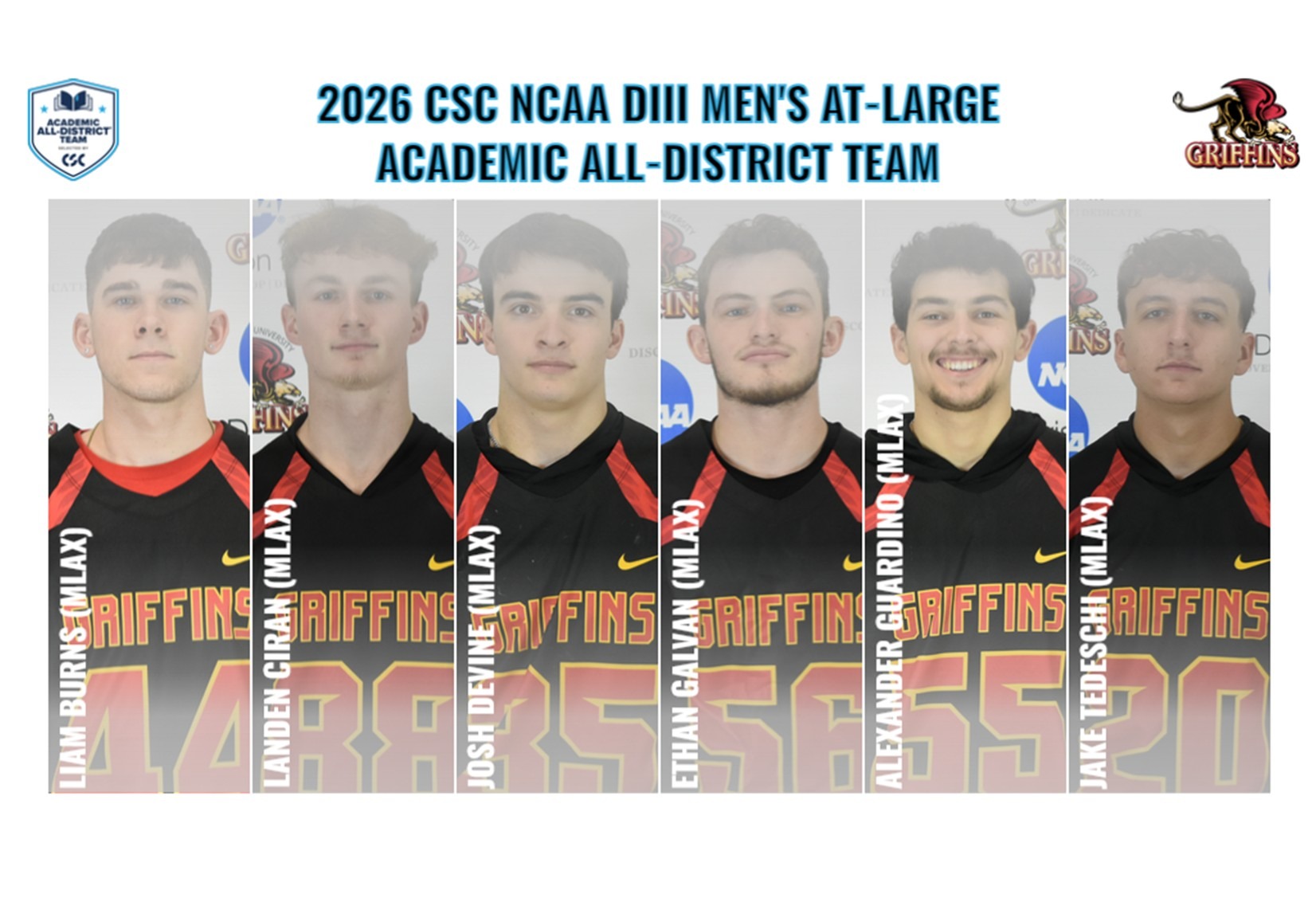 2026 CSC NCAA DIII Men's At-Large Academic All-District Team: Liam Burns (MLAX), Landen Ciran (MLAX), Josh Devine (MLAX), Ethan Galvan (MLAX), Alexander Guardino (MLAX), Jake Tedeschi (MLAX)