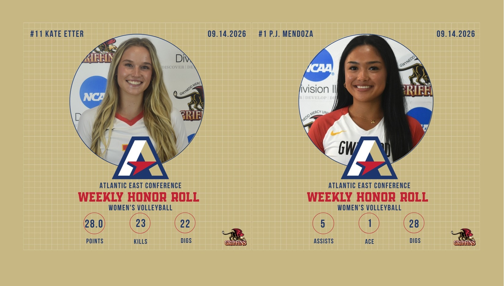 Atlantic East Conference (AEC) Women's Volleyball Weekly Honor Roll (9/14/2026): Kate Etter, P.J. Mendoza