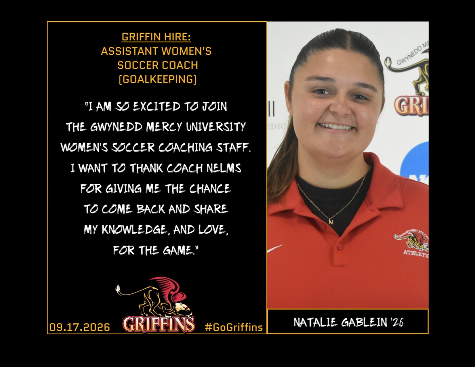 Gwynedd Mercy University Assistant Women's Soccer Coach (Goalkeeping) Natalie Gablein '26