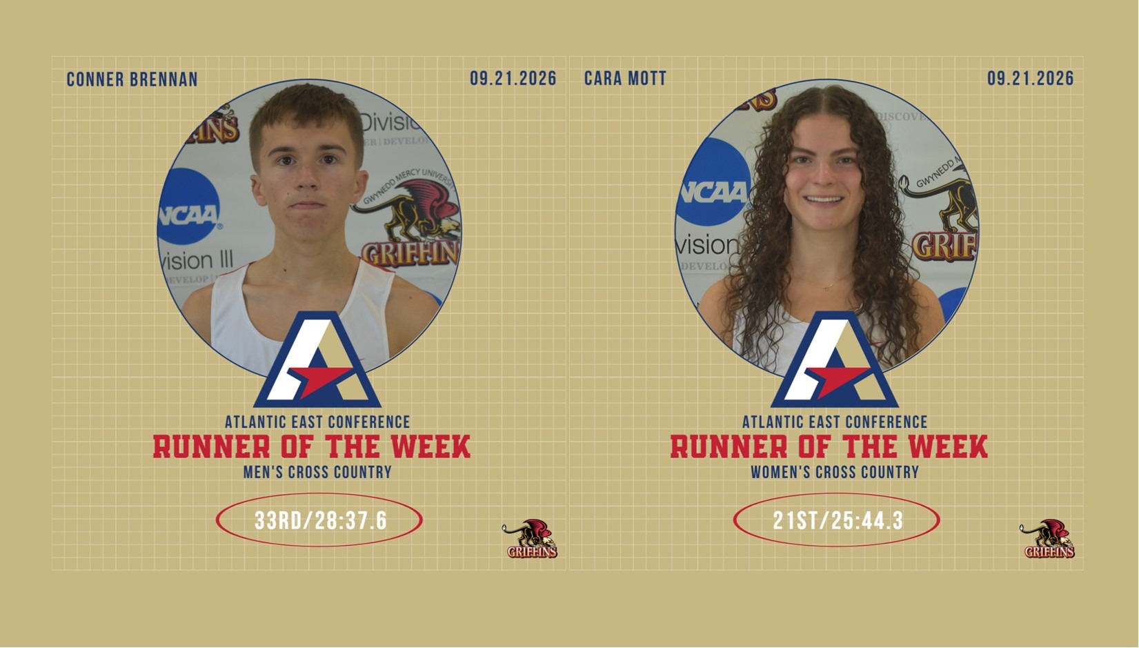 Atlantic East Conference (AEC) Men's and Women's Cross Country Runners of the Week (9/21/2026) - Conner Brennan (MXC), Cara Mott (WXC)