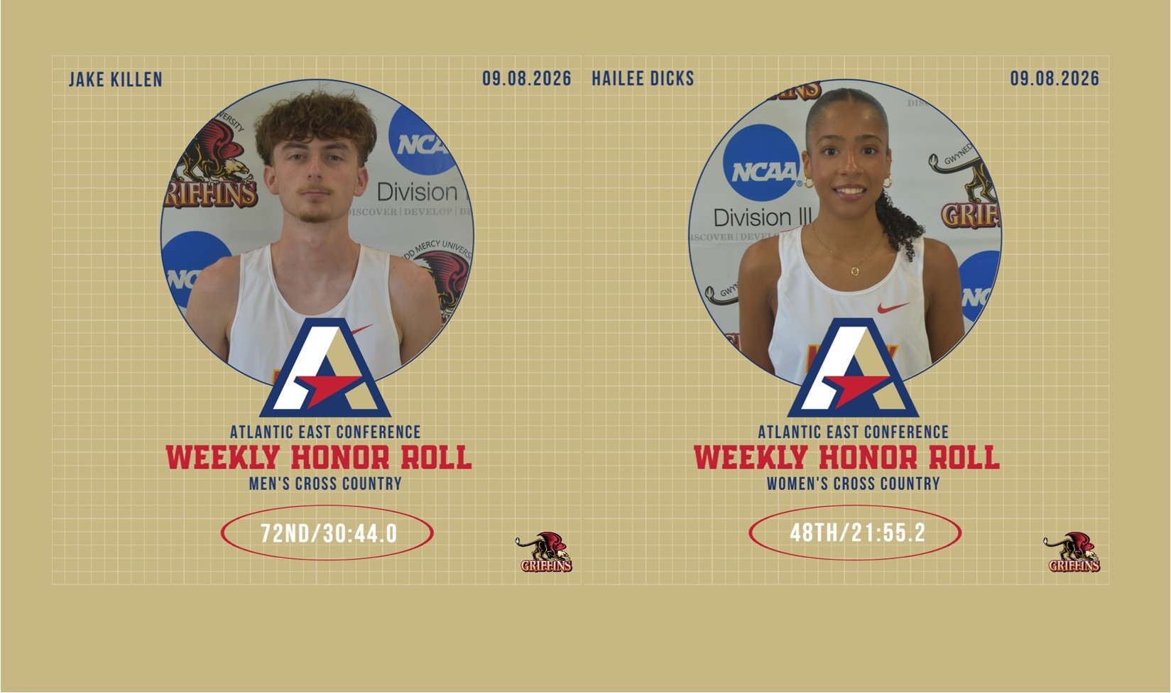 Atlantic East Conference (AEC) Men's and Women's Cross Country Weekly Honor Rolls (9/8/2026) - Jake Killen (MXC), Hailee Dicks (WXC)