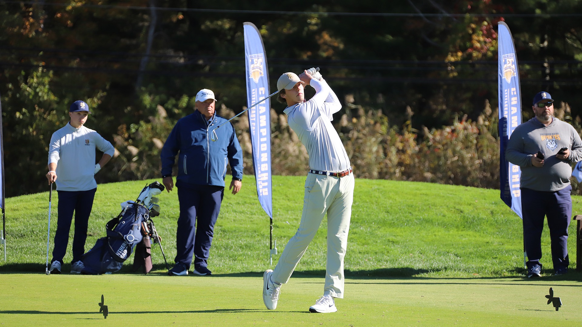 Jasper Bruins Slot in action at the 2025 Little East Men's Golf Championship