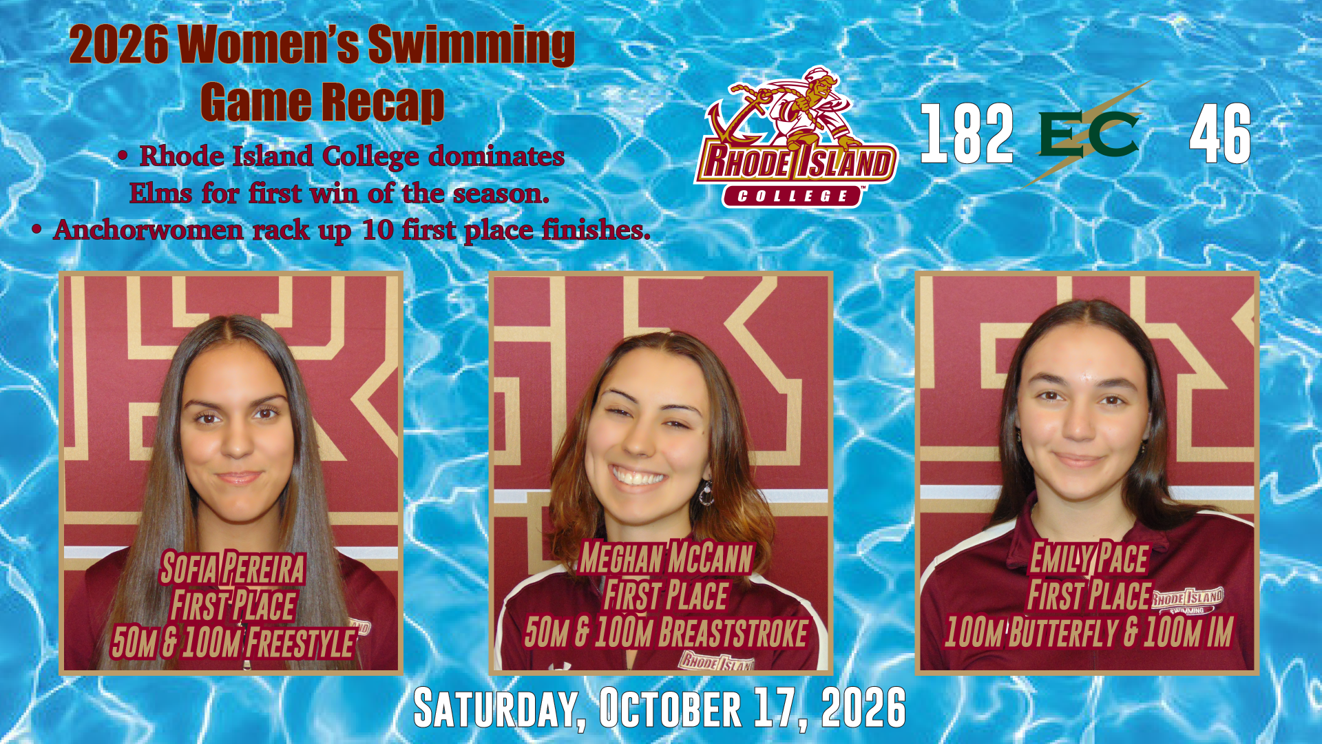 RIC vs. Elms women's swimming postgame graphic