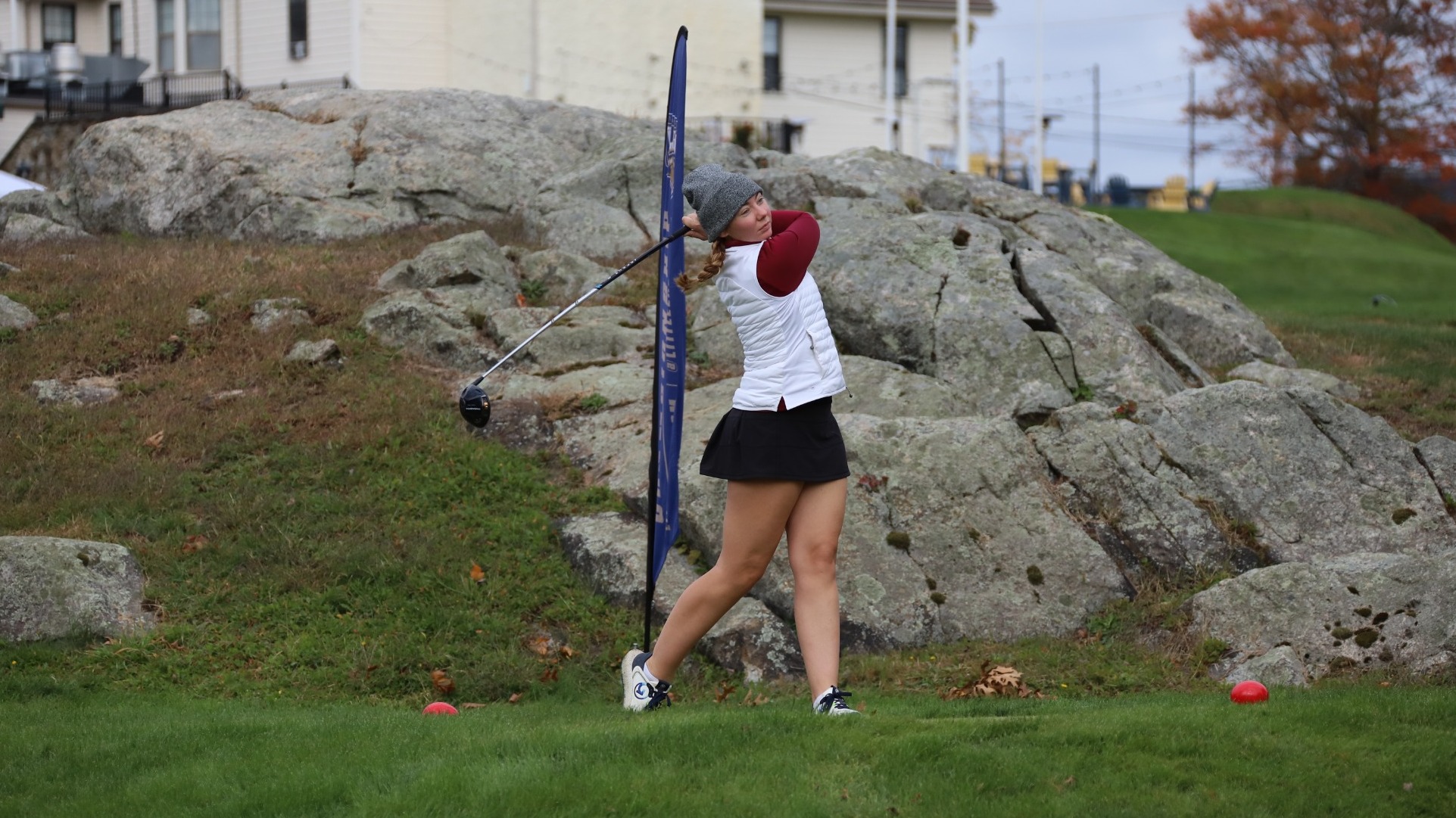 Mya Linchitz in action at the 2026 Little East Women's Golf Championship