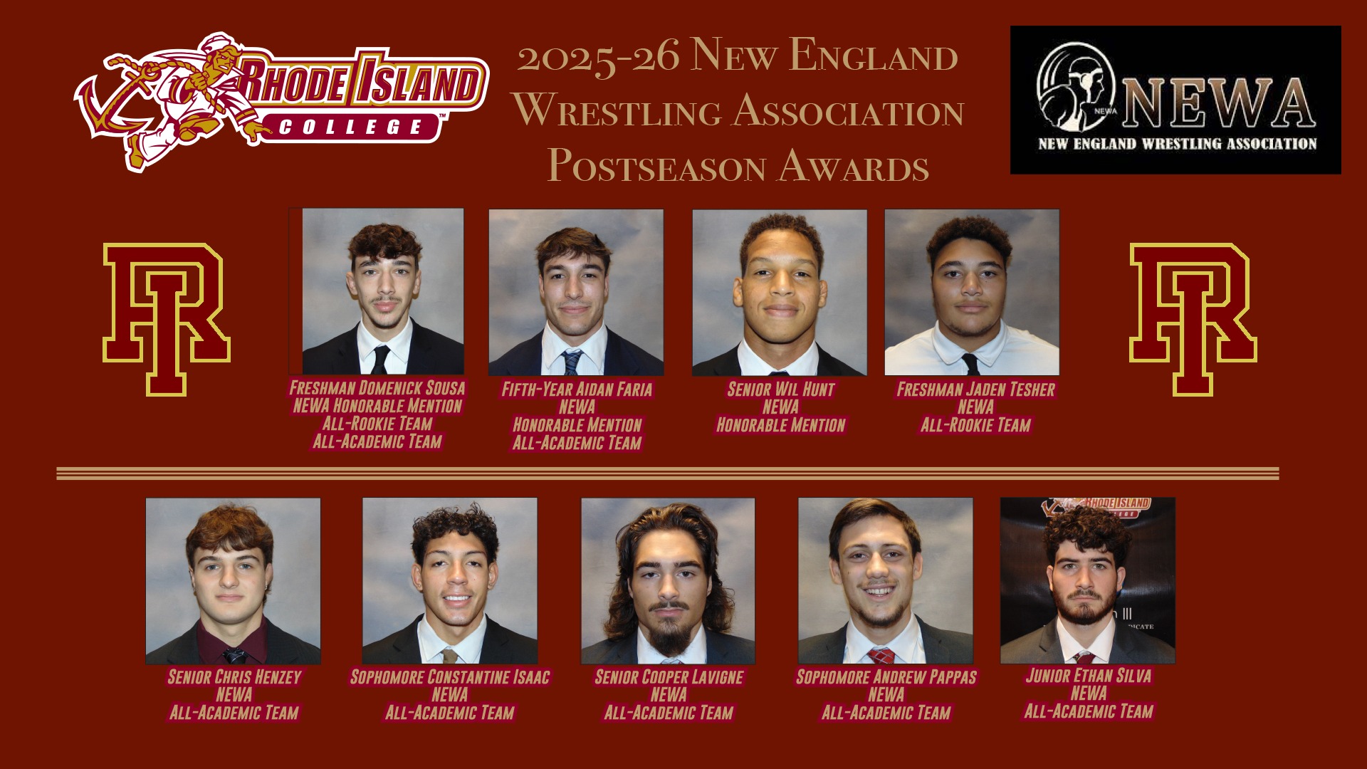 2025-26 Rhode Island College Wrestling NEWA Postseason Awards Graphic