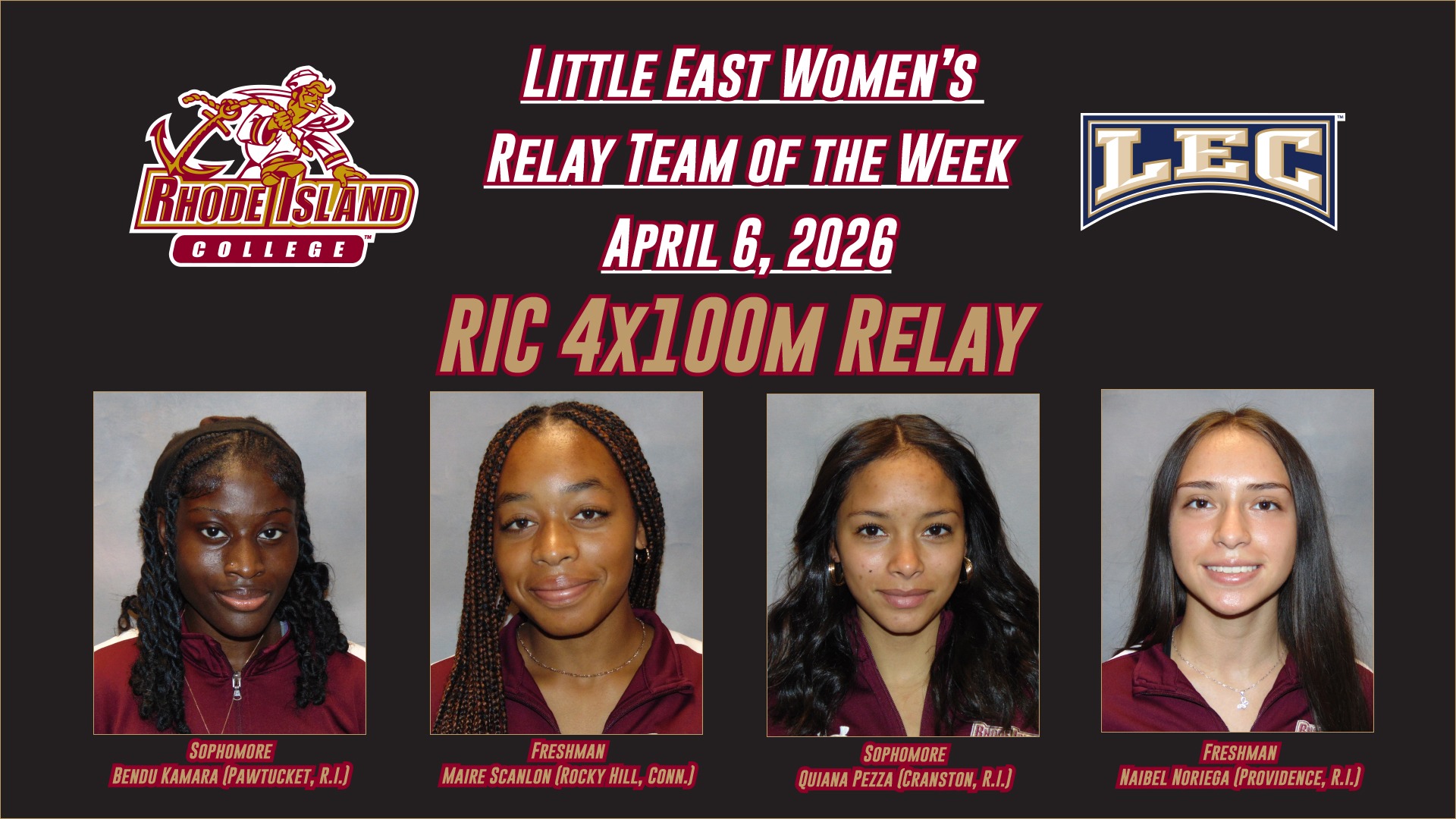 RIC's 4x100m Relay Wins Little East Relay Team of the Week Graphic