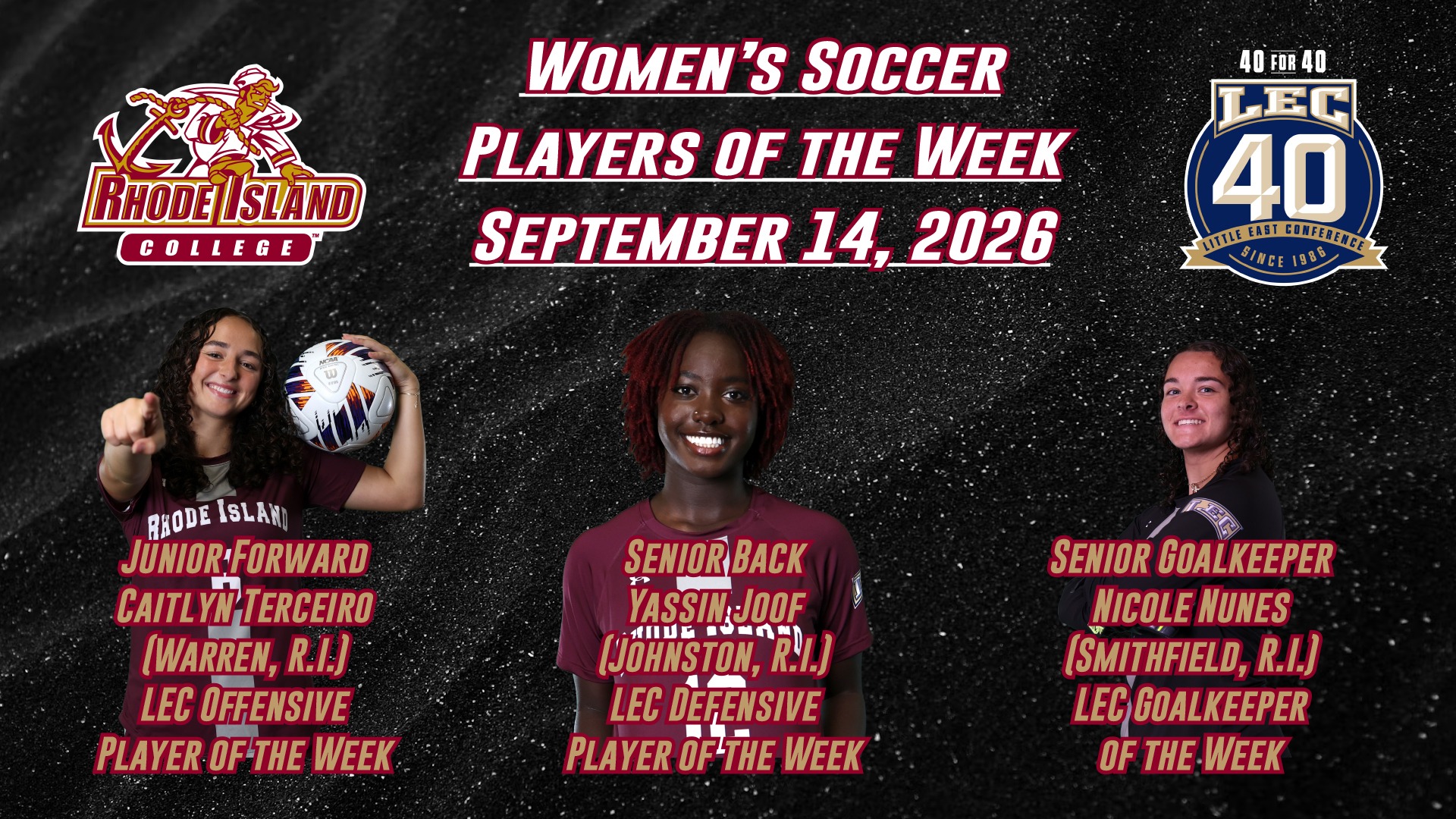 Women's Soccer Little East Players of the Week Graphic (Terceiro, Joof and Nunes) Sept. 4, 2026
