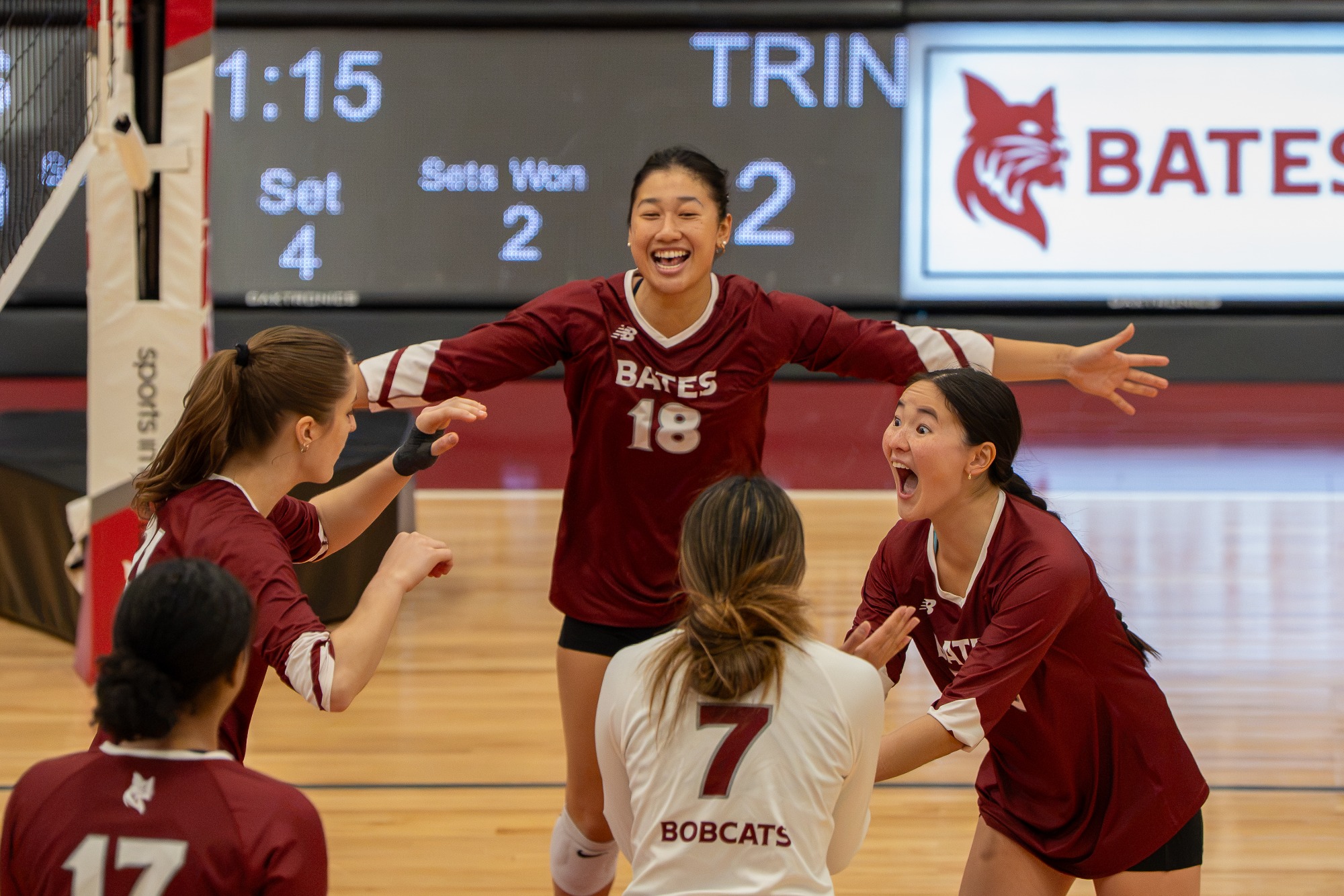 The Bates volleyball team rallied from a lopsided third-set loss to force a decisive fifth set Saturday afternoon, but Trinity College pulled away in the finale to defeat the Bobcats 3-2 (23-25, 25-22, 25-9, 19-25, 15-3) in NESCAC action at Underhill Arena.