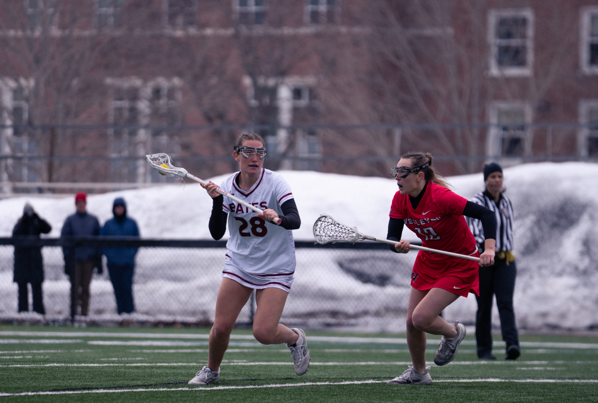 Bates College women's lacrosse hosts No. 5 Wesleyan University, 02/28/26, at Garcelon Field.