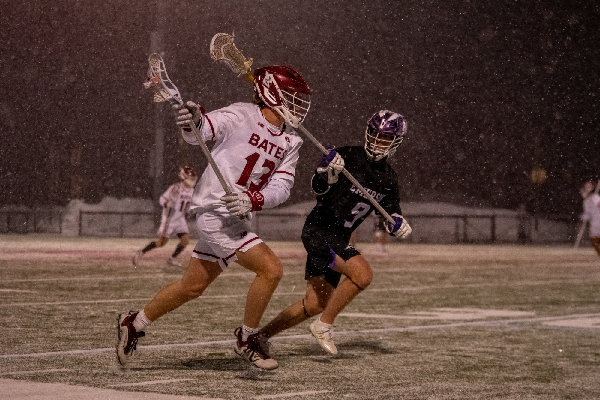 Bates men's lacrosse plays its 2026 home opener vs. Emerson (3/3/26) on a snowy Garcelon Field.
