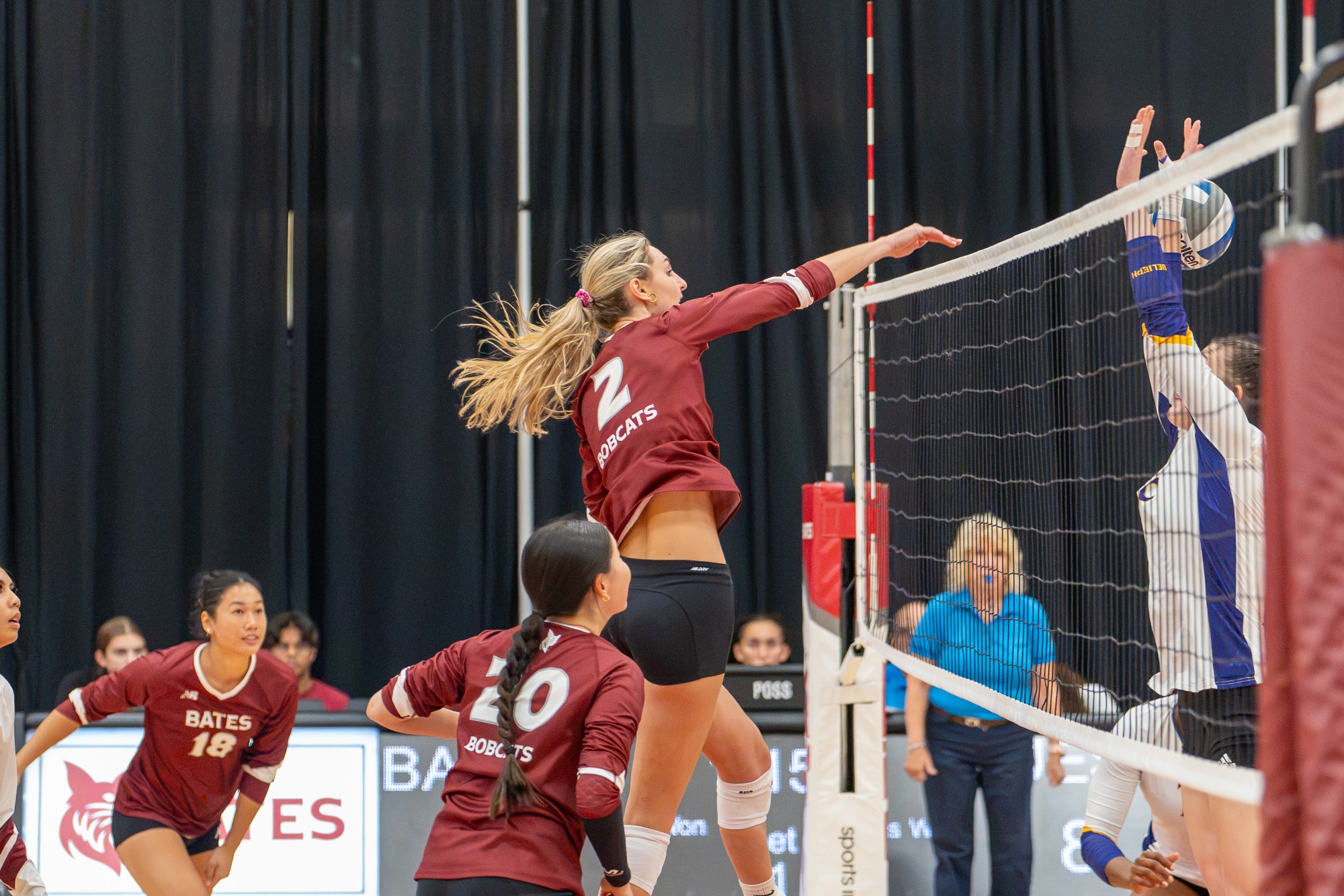 The Bates College volleyball team defeated Williams College for the first time since Oct. 23, 1999, earning a 3-1 (25-20, 18-25, 25-17, 25-14) victory in the NESCAC opener for the Bobcats.