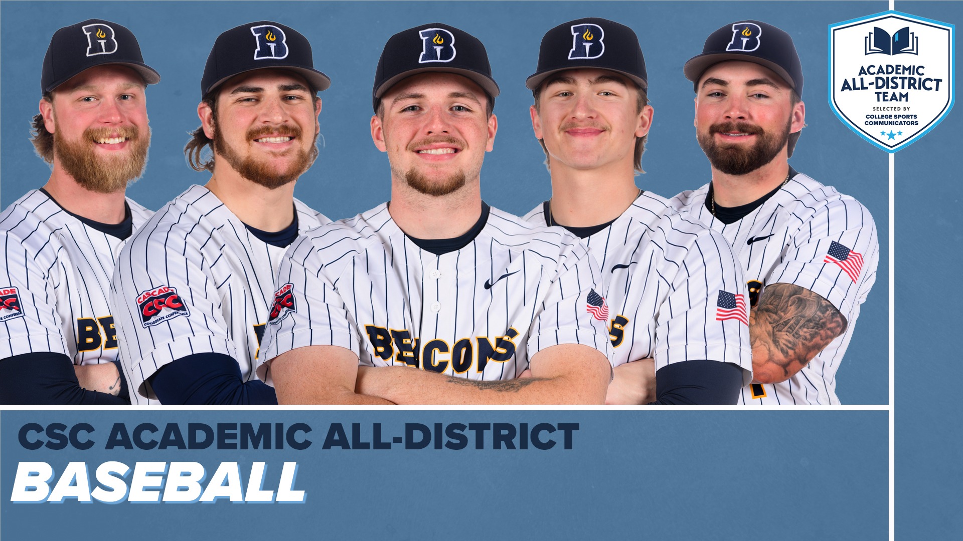 2026 Baseball Collegiate Sports Communicators Academic All-District Team, left to right: Nate Stevens, Jacob Courtney, Austin Wolfe, Caleb Richter, and Chase Nye