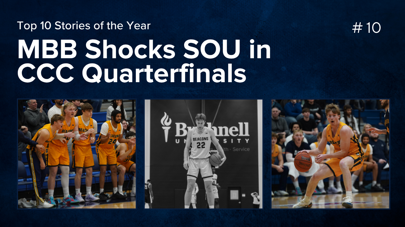 Top-Ten Stories of 2025-2026 #10 - MBB Shocks SOU in CCC Quarterfinals, three photos of the men's basketball team including two of Cory Johnson