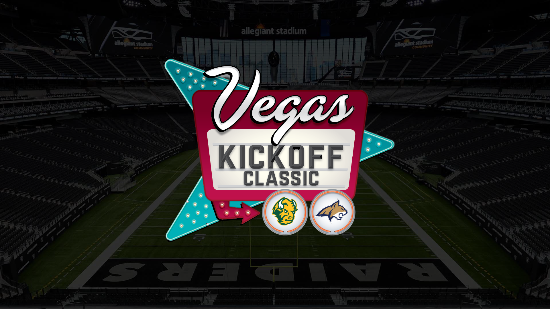The Vegas Kickoff Classic logo featuring North Dakota State and Montana State logos over an image of Allegiant Stadium