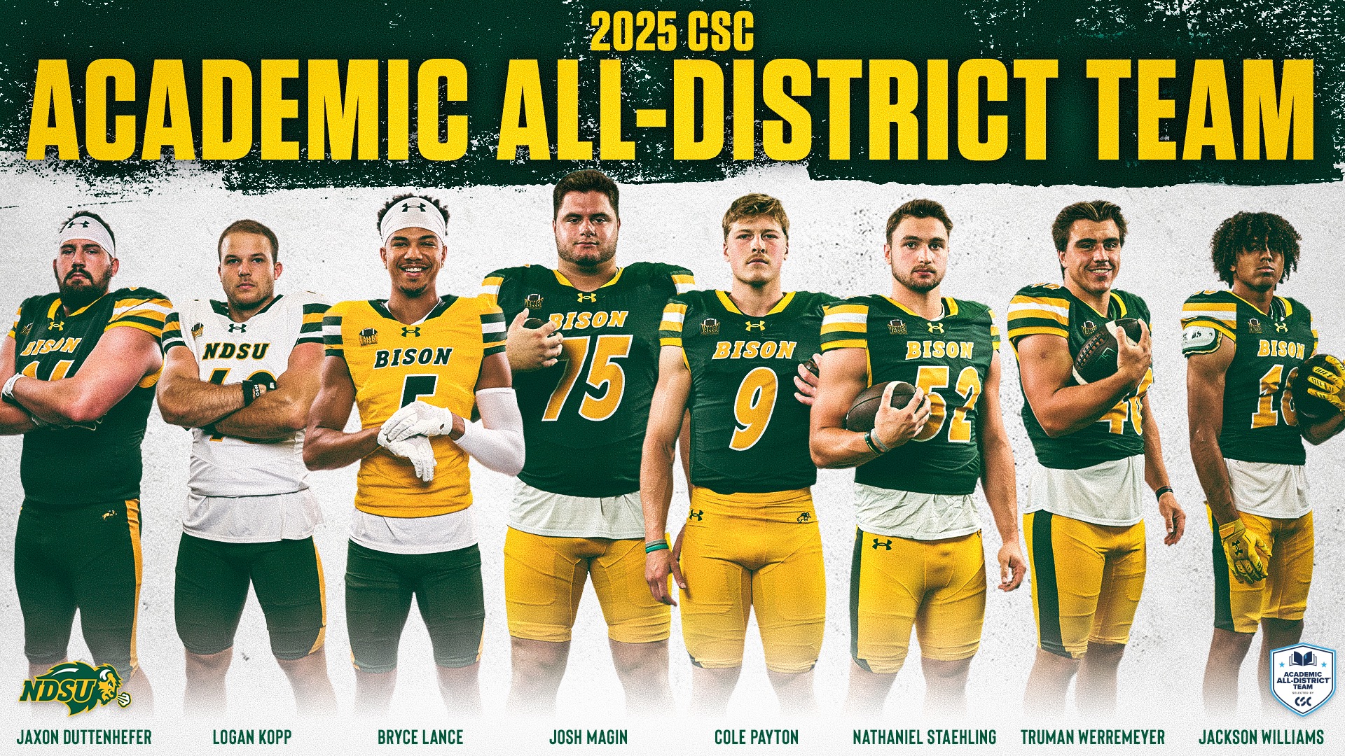 Graphic of NDSU’s selections to the 2025 CSC Academic All-District Football Team