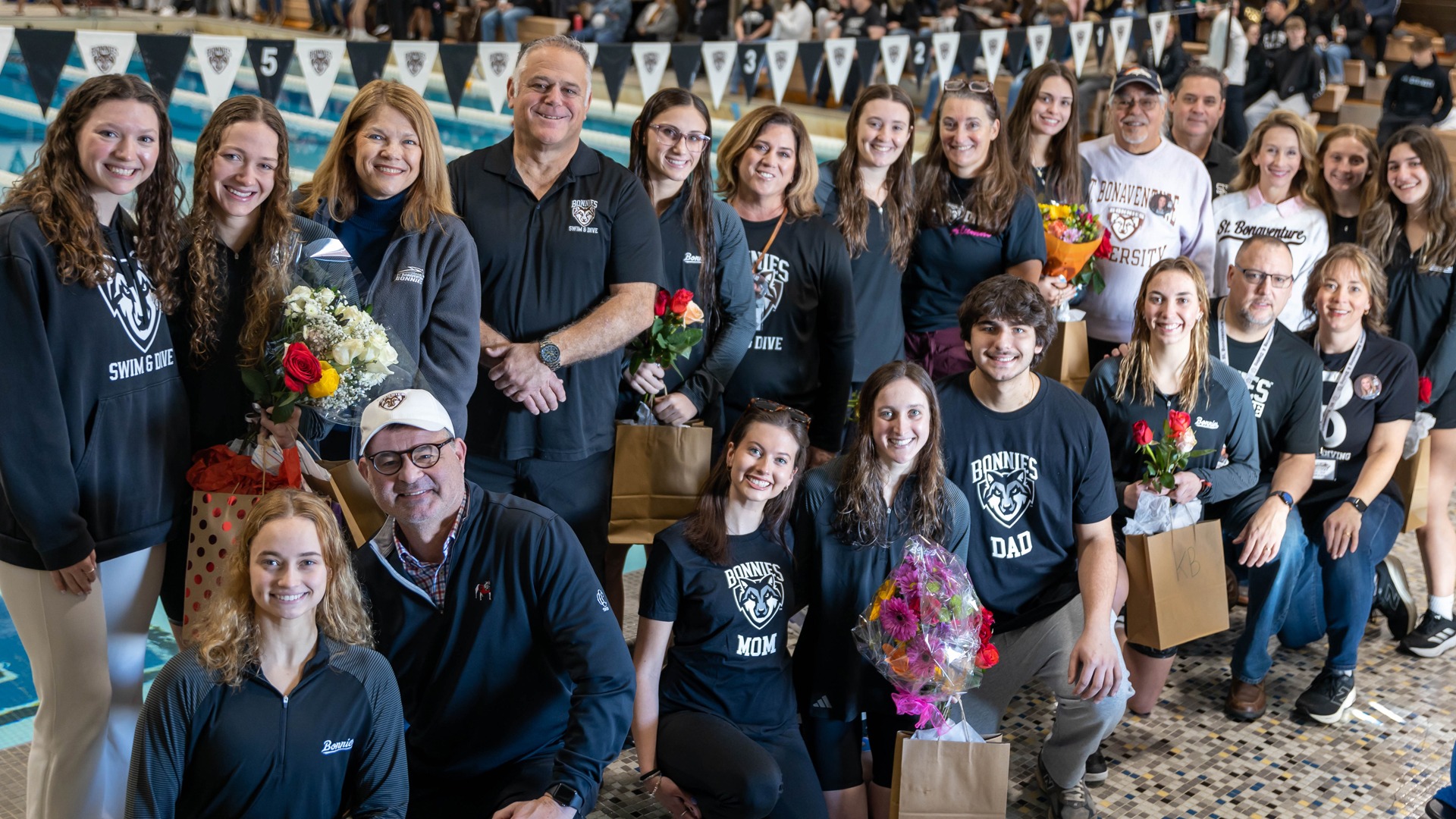 St. Bonaventure swimming and diving seniors are honored prior to Saturday morning's Senior Day meet against Colgate at the Reilly Center Pool. Row 1 (from left to right): Anna Beth Blankenship, Kathryn Lyons, Kathryn Beyer. Row 2: Nele Vetter, Sarah Gonzalez, Sydney Londergan, Daciana Colon, Paris Christie, Eylul Alli.