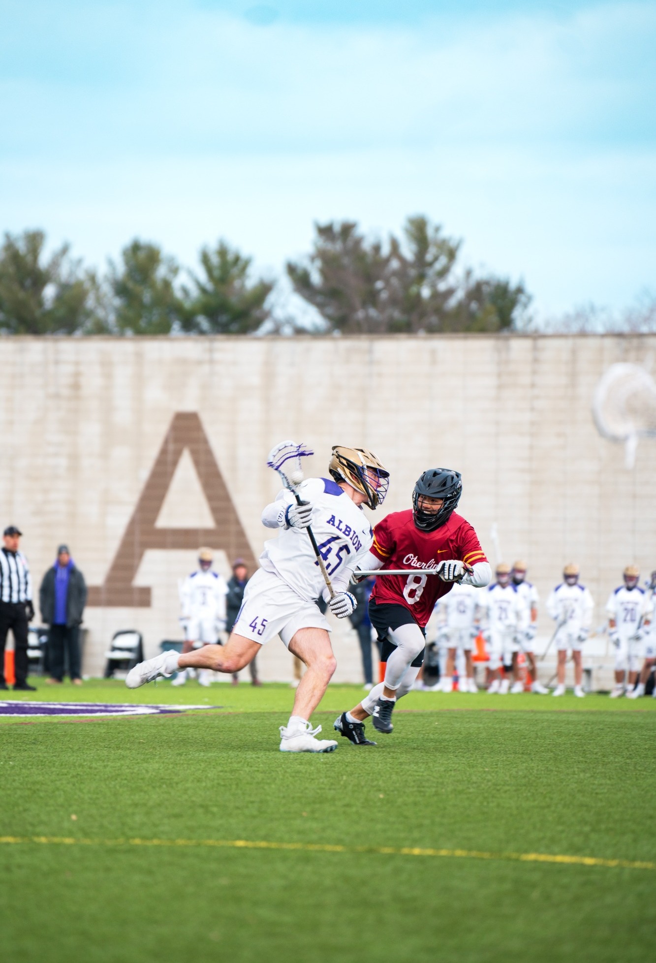 Junior Joey Pipesh heading upfield against Oberlin. Albion struggled offensively in the 13-1 loss. 