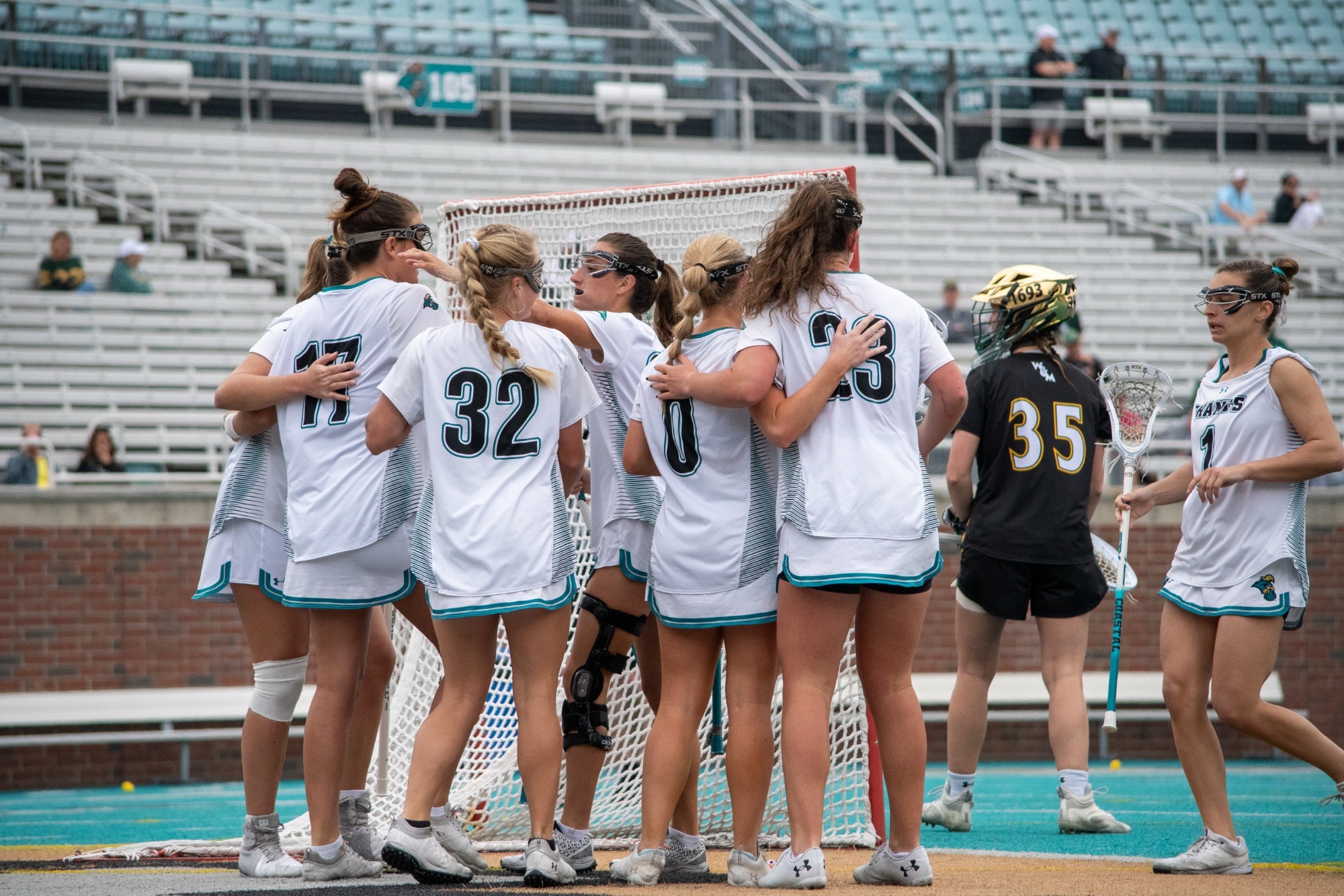 Lacrosse celebrates goal against William & Mary on 2/8/2025