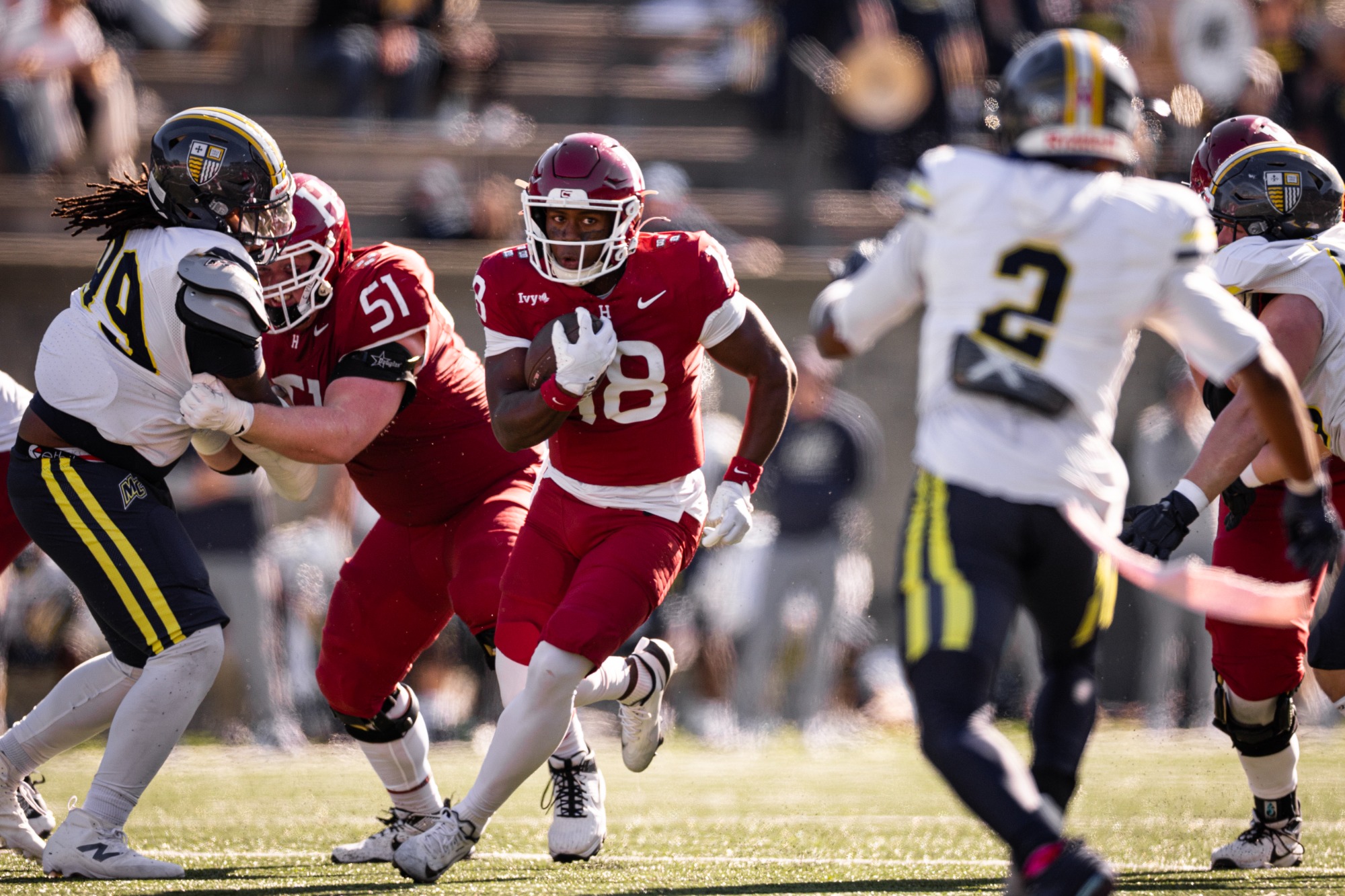 Harvard Football competes against Merrimack at Tim Murphy Field at Harvard Stadium on October 18, 2025.