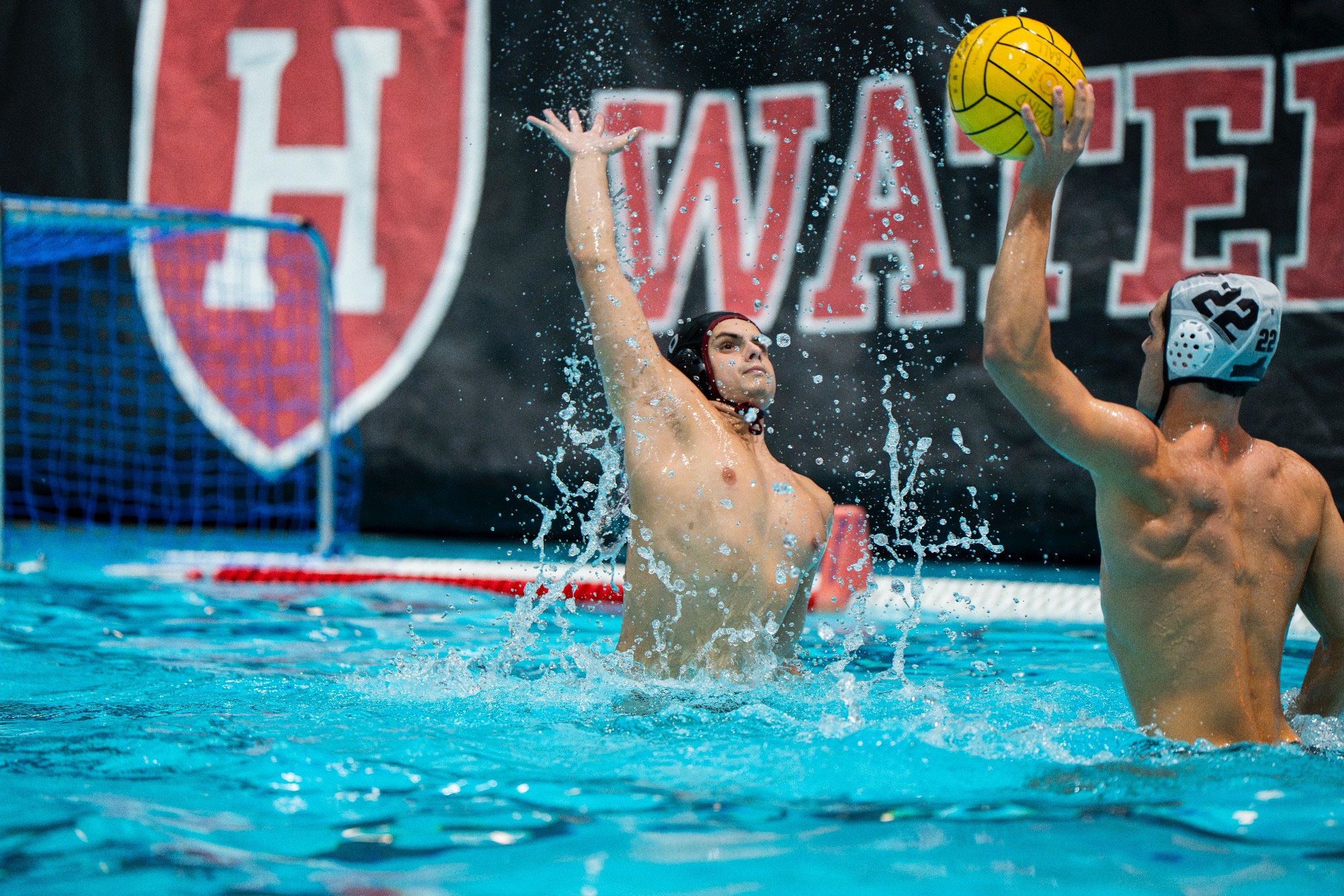 November 1, 2025. #6 Lukas Peabody of Harvard Men’s Water Polo attempts to block the opponent in the second half of a match against Brown University at Harvard University in Boston Massachusetts Saturday, November 1, 2025. (Photo by Eliza Nuestro/Harvard Athletics)