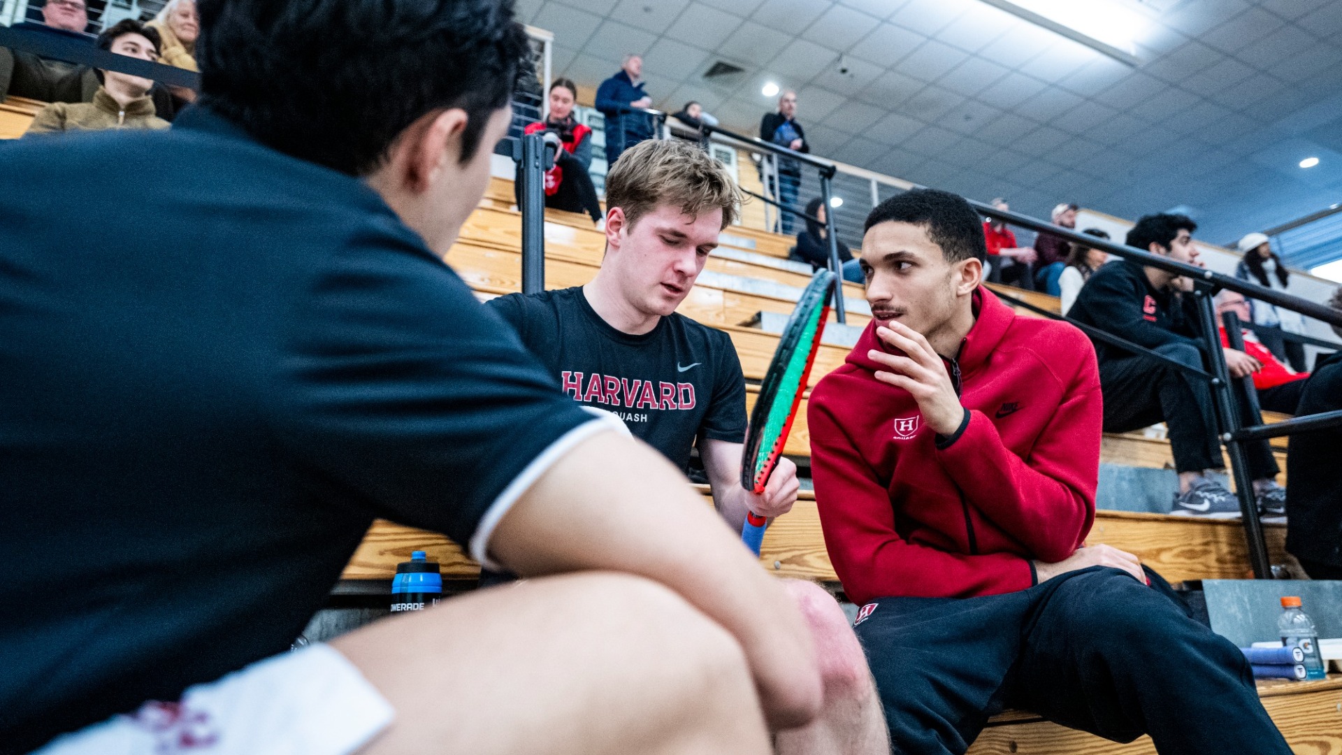 Denis Gilevskiy meeting with teammates during a game break