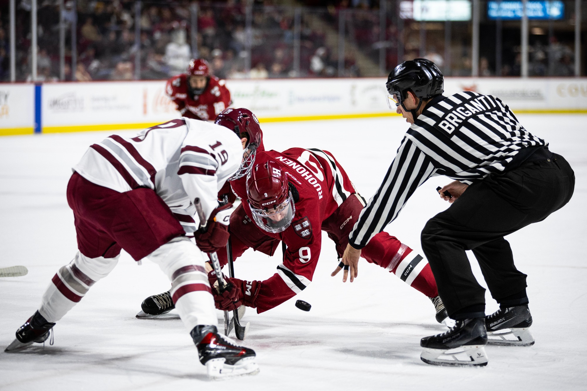 Heikki Ruohonen takes a faceoff vs. Massachusetts.