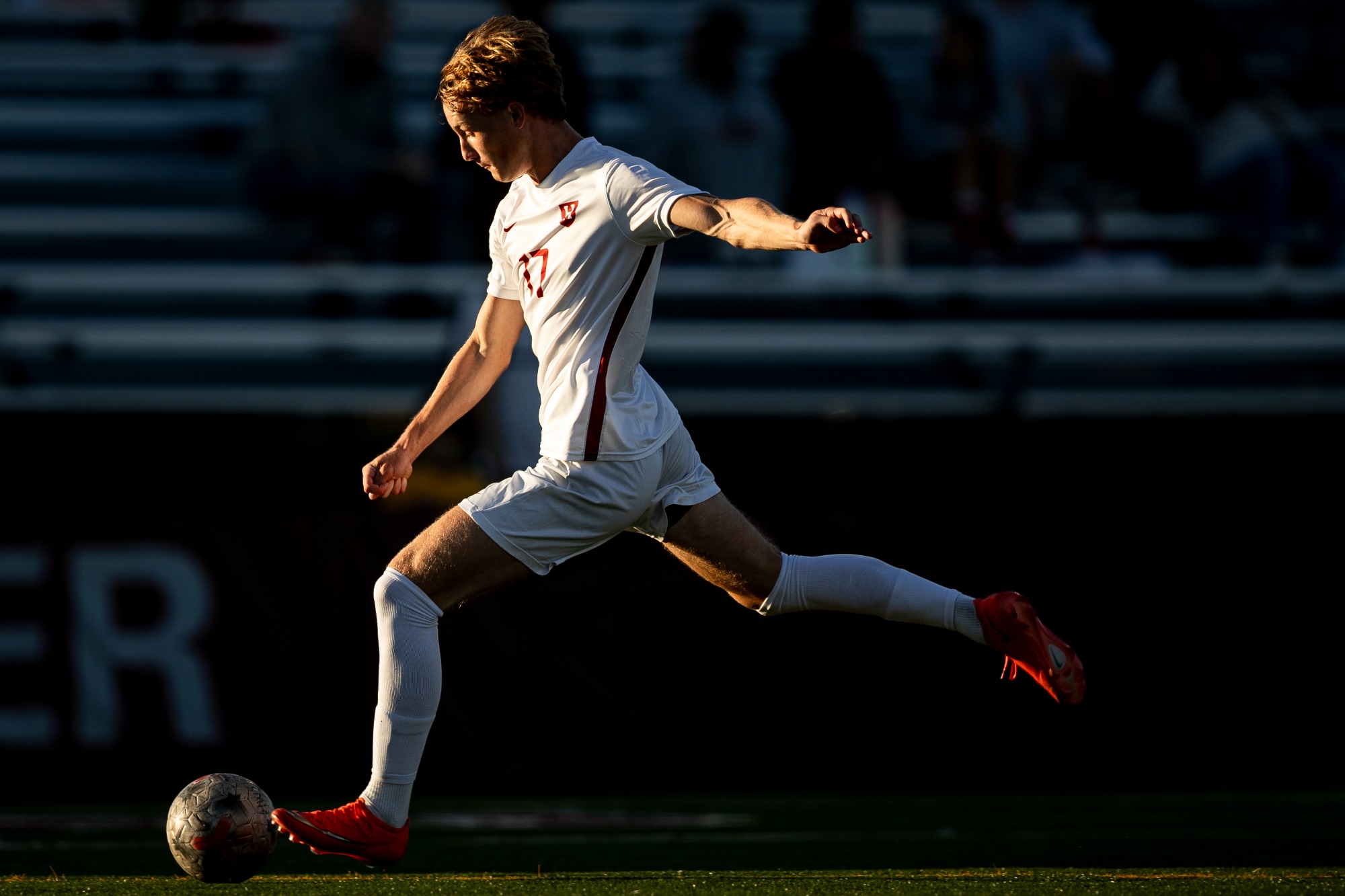 Harvard Men's Soccer's Adam Poliakov in action against Columbia on October 3, 2026, with kick.