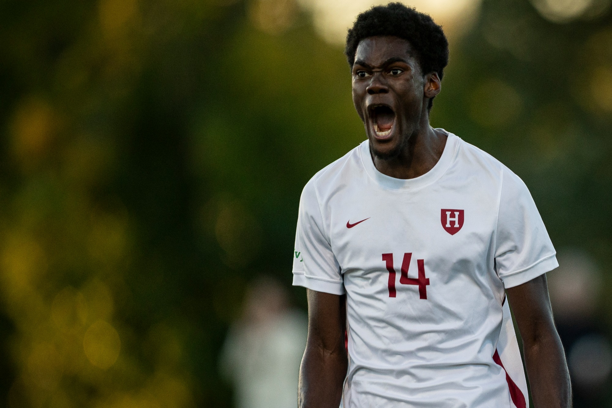 Harvard Men's Soccer's Xavier Tanyi in action against Columbia on October 3, 2026, with celebration.