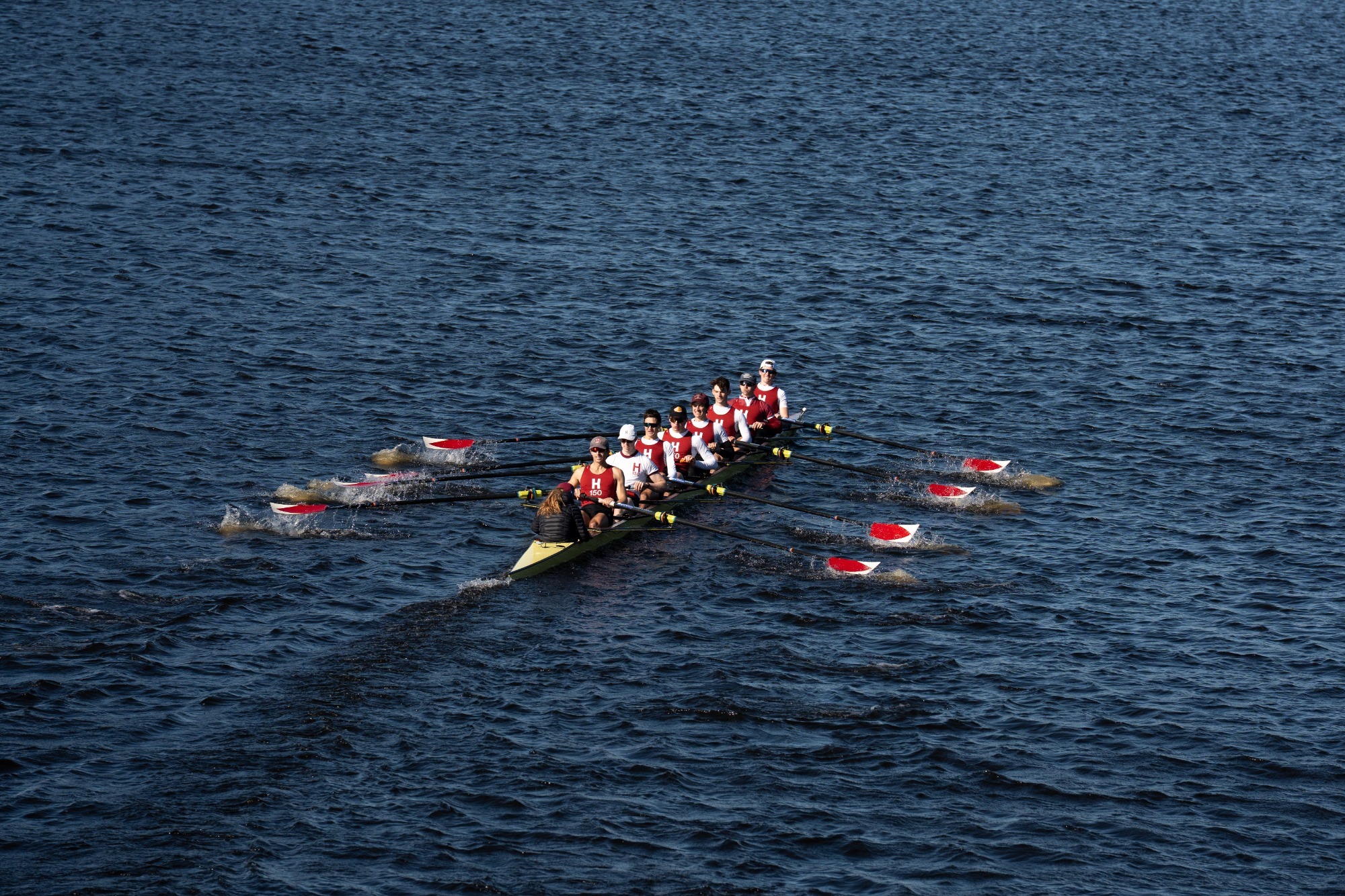 Men's lightweight rowing varsity eight on the Charles against Dartmouth.