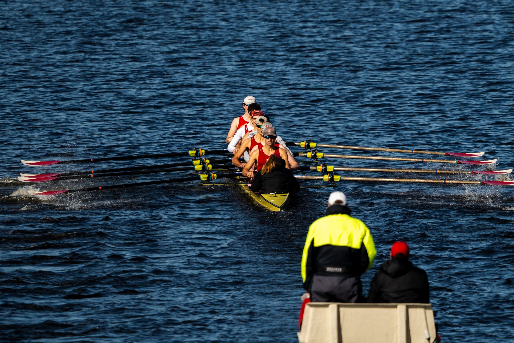 Lightweight varsity eight, stroked by Ben Lundie, races against Princeton and Yale on the Charles.