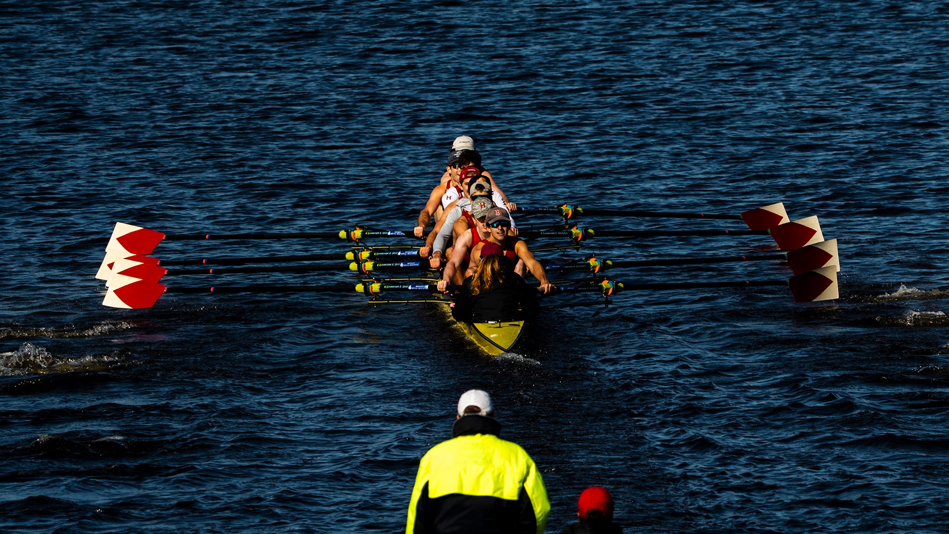 Lightweight varsity eight, stroked by Ben Lundie, races against Princeton and Yale on the Charles.