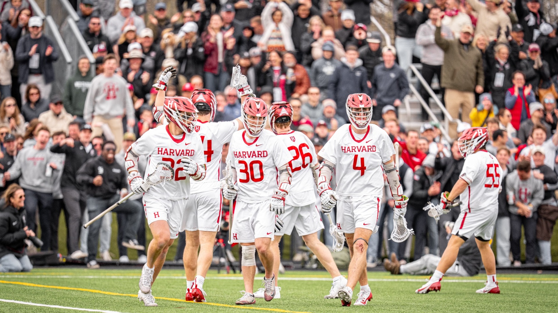 Men's Lacrosse Offense in Front of the Crowd
