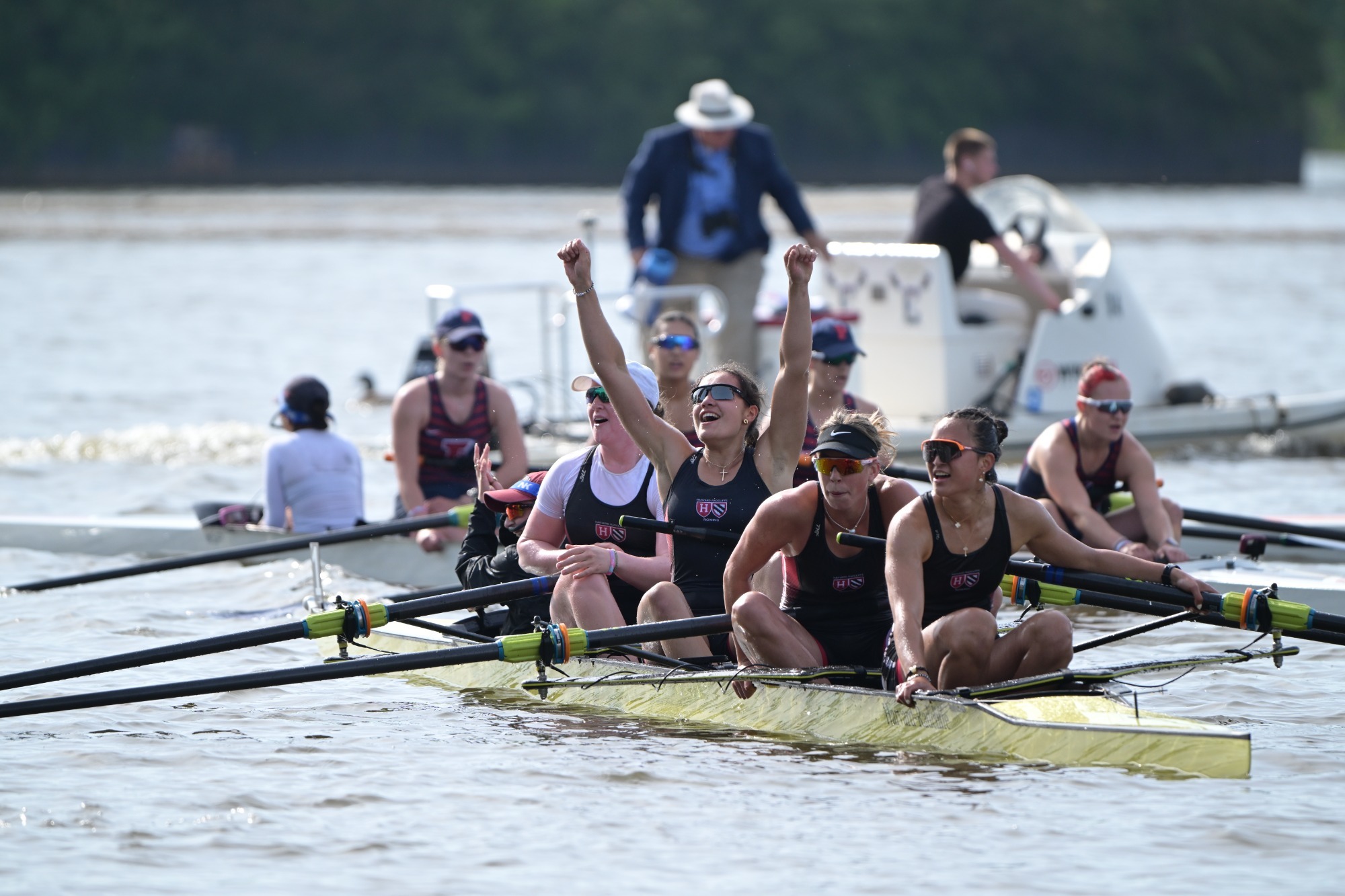 The varsity four celebrates its comeback for a second-place finish in the Ivy Championship.