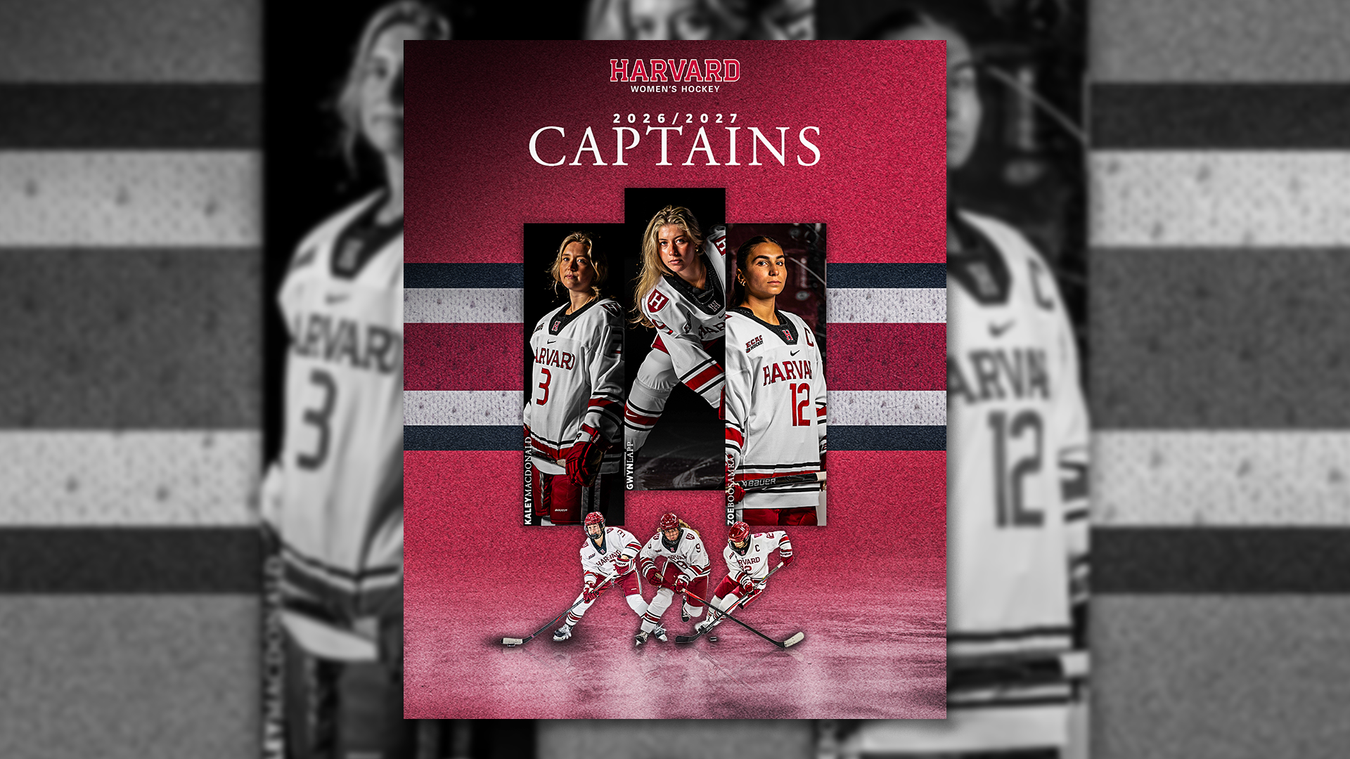 Graphic ft. Harvard women's hockey captains Kaley MacDonald, Gwyn Lapp, Zoe Boosamra (left-to-right).
